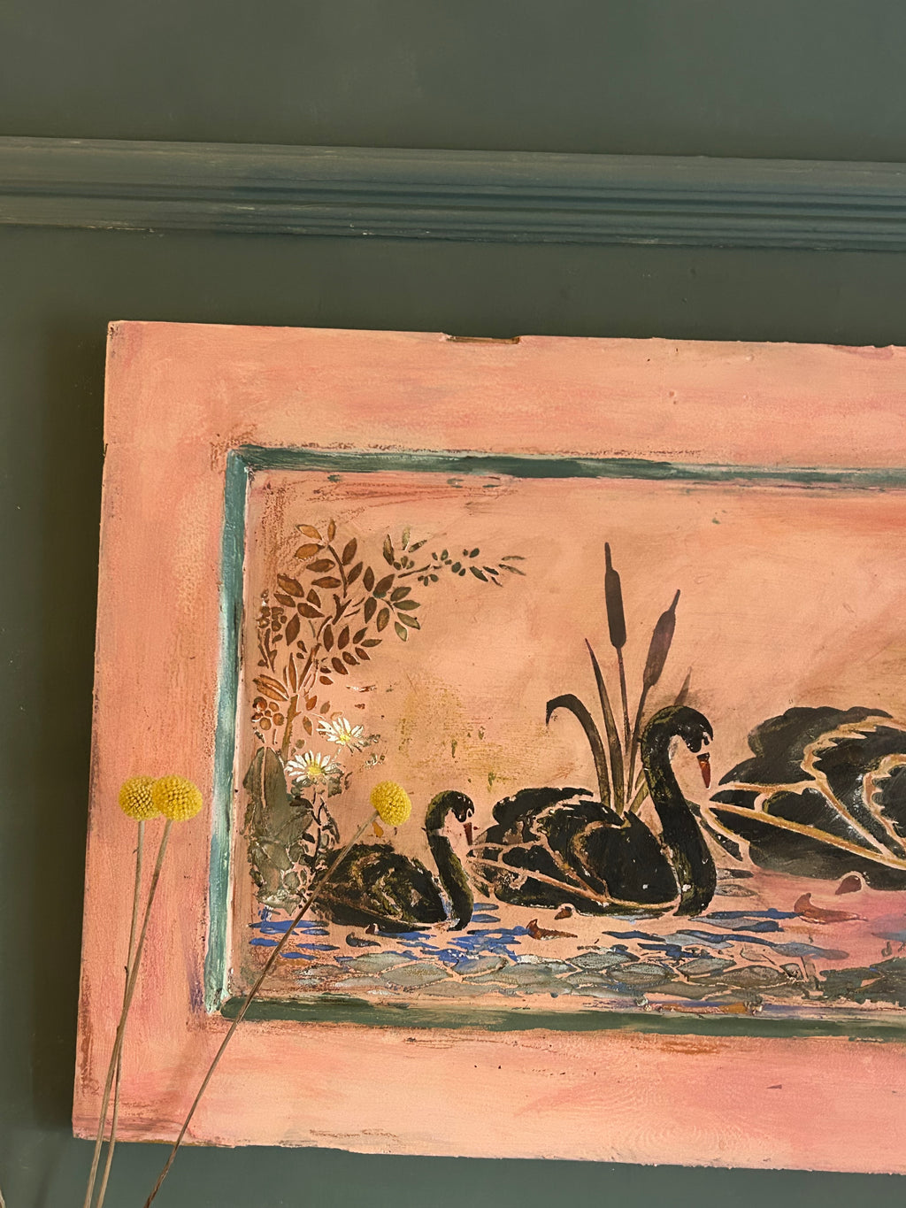 Reclaimed Door Wallhanging with Black Swan Chinoiserie