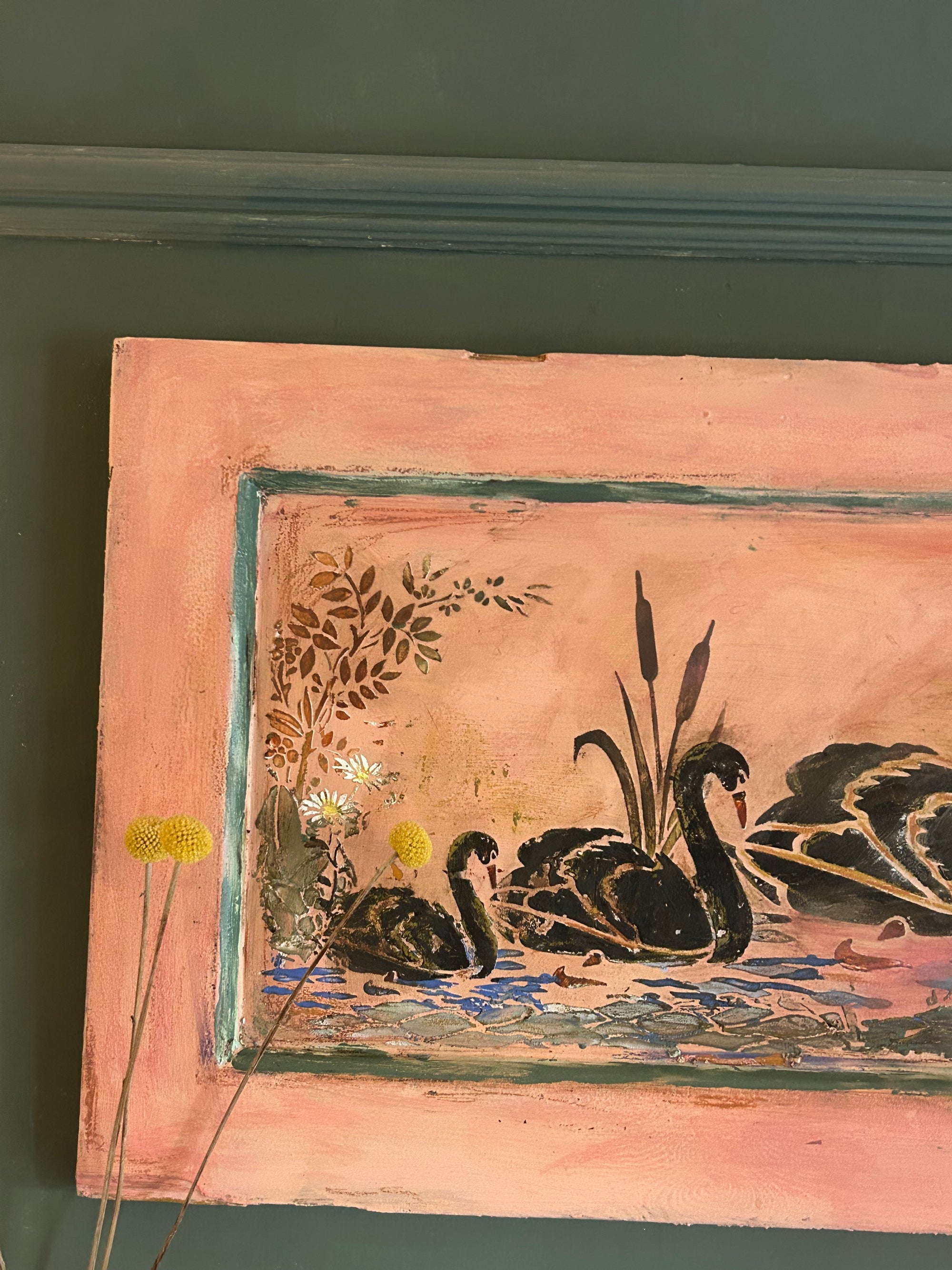 Reclaimed Door Wallhanging with Black Swan Chinoiserie