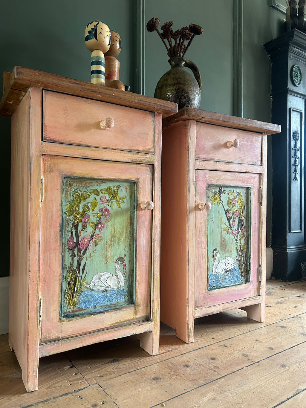 Vintage Painted Pine Bedside Cabinets with Inlaid Chinoiserie