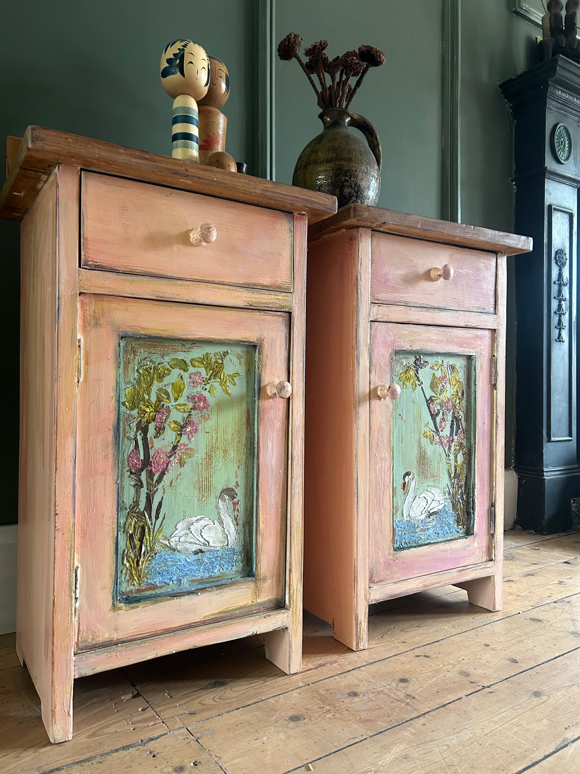 Vintage Painted Pine Bedside Cabinets with Inlaid Chinoiserie