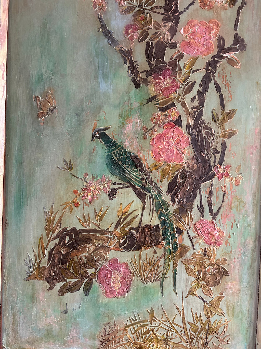 Vintage Painted Pine Armoire with Inlaid Chinoiserie
