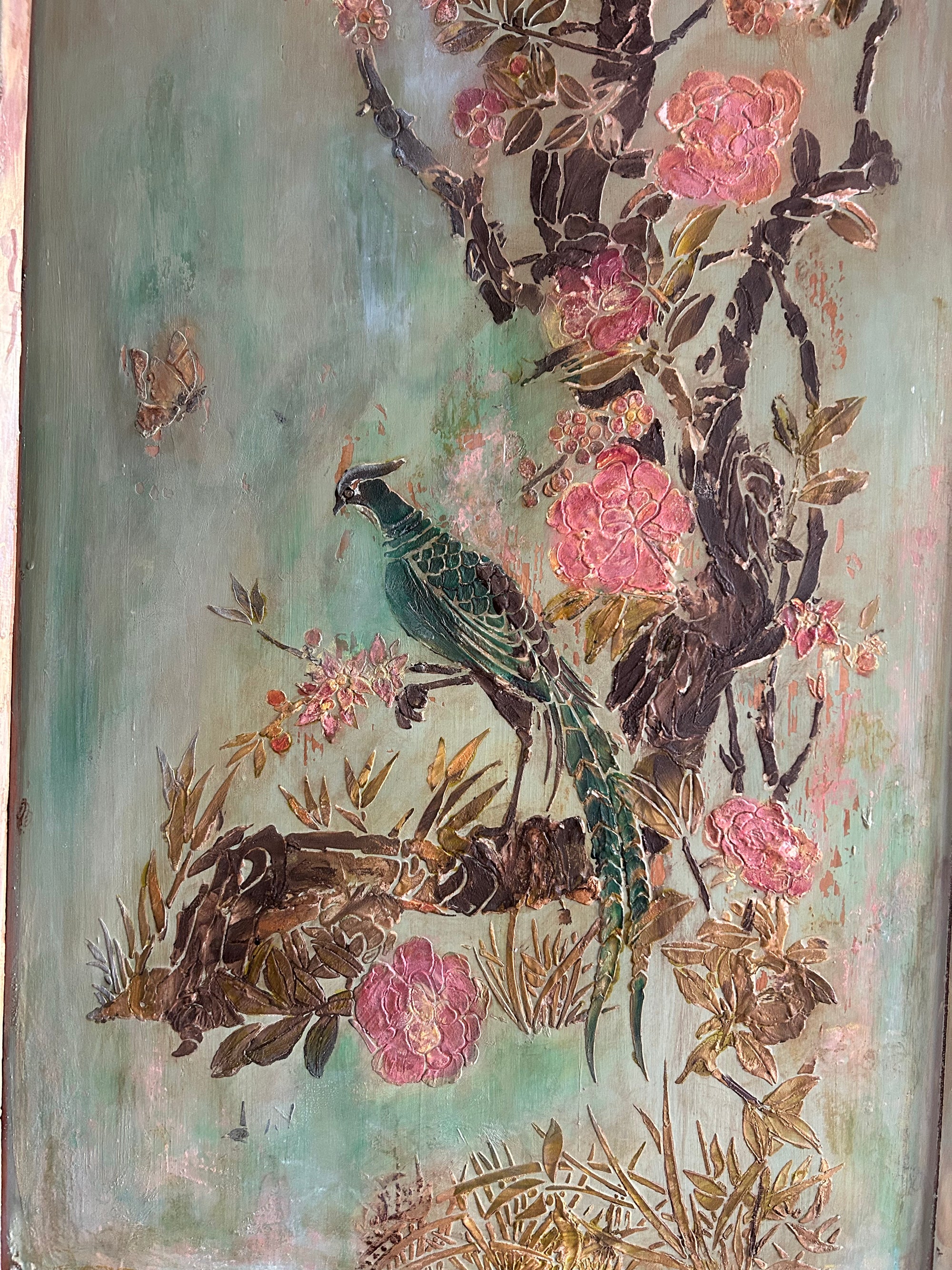 Vintage Painted Pine Armoire with Inlaid Chinoiserie