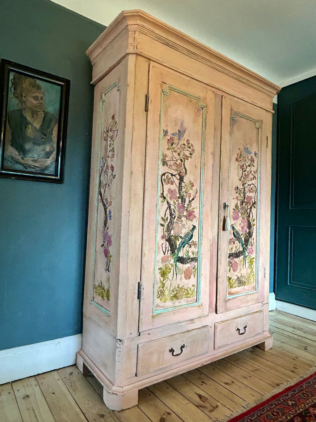 Vintage Painted Pine Wardrobe with Inlaid Chinoiserie
