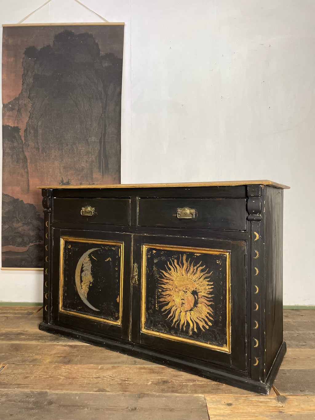 Vintage Painted Pine Sun & Moon Cupboard