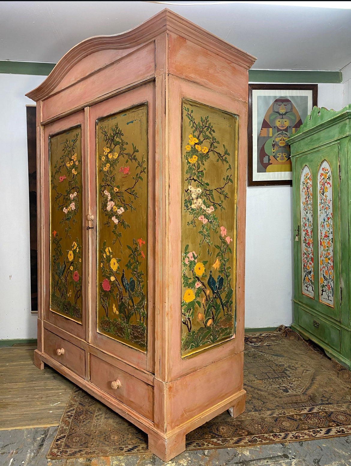 Vintage Pine Knockdown Painted Wardrobe with Chinoiserie Panels