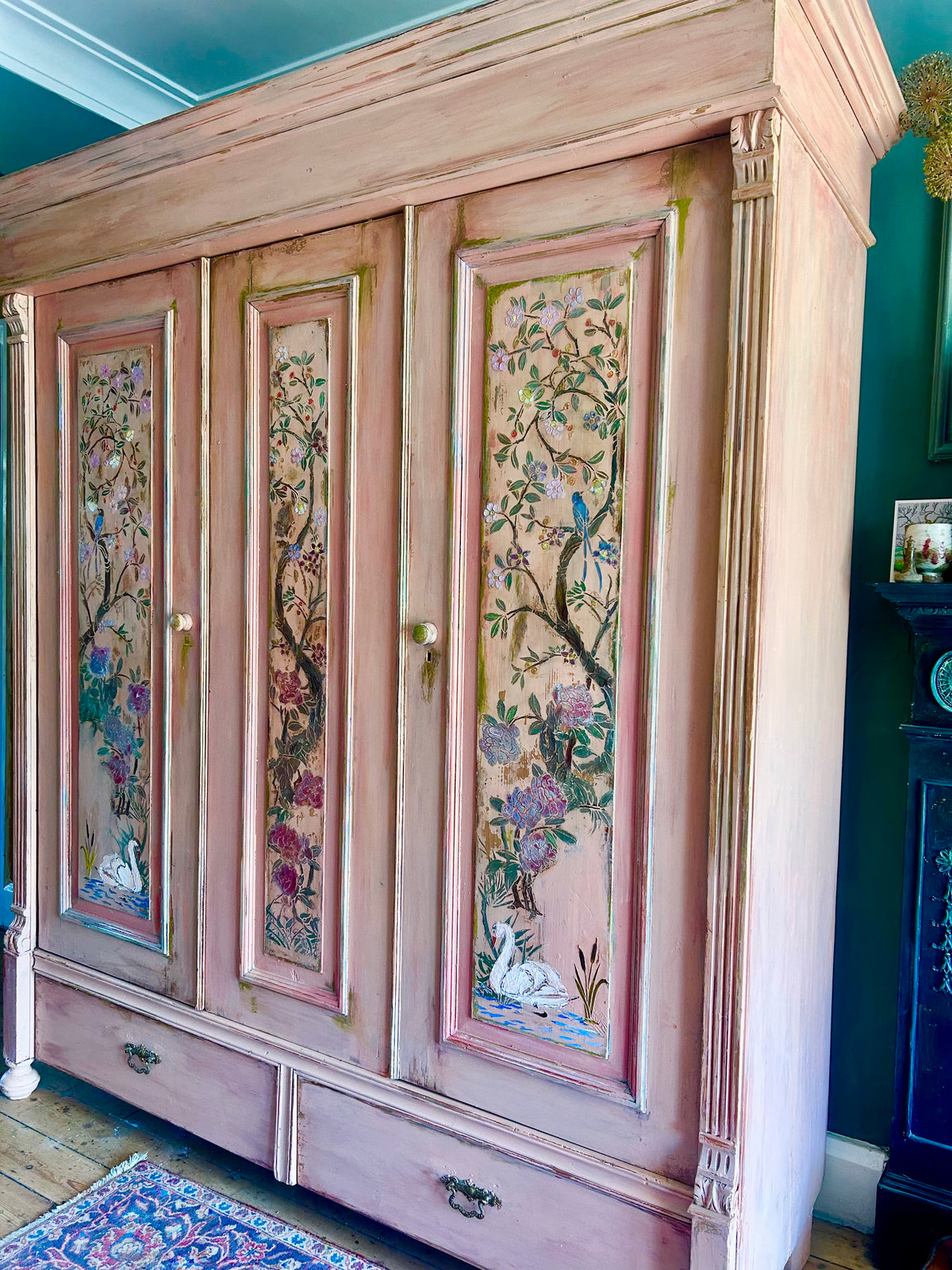 Painted Pine Triple wardrobe with Chinoiserie Panels