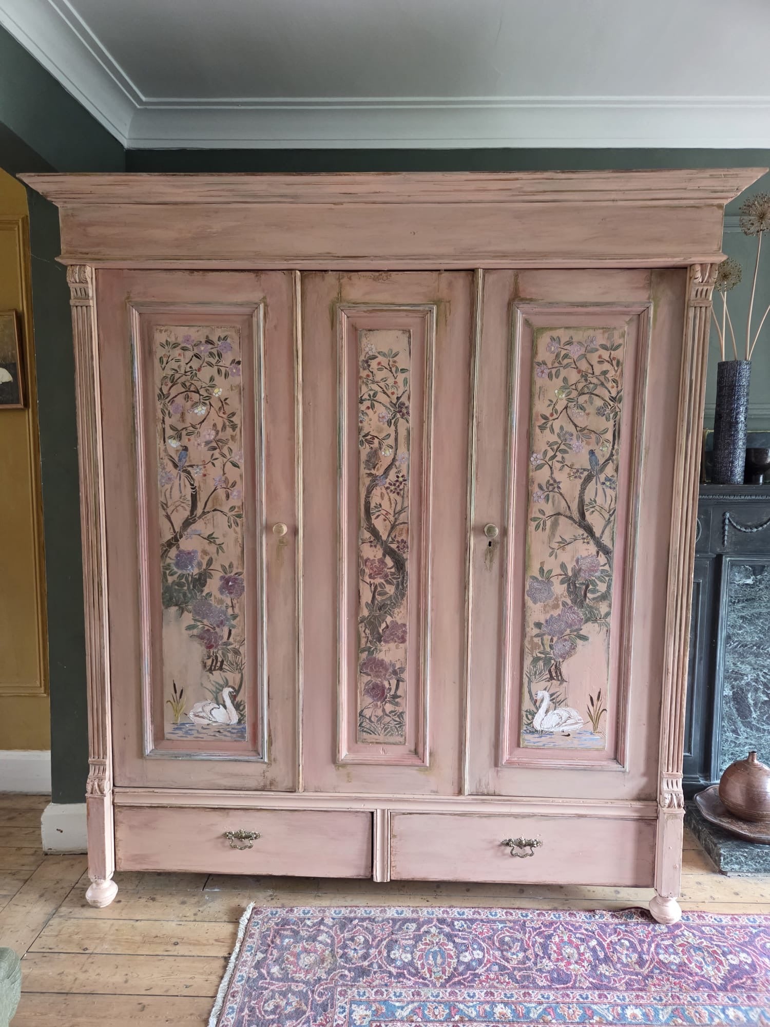 Painted Pine Triple wardrobe with Chinoiserie Panels