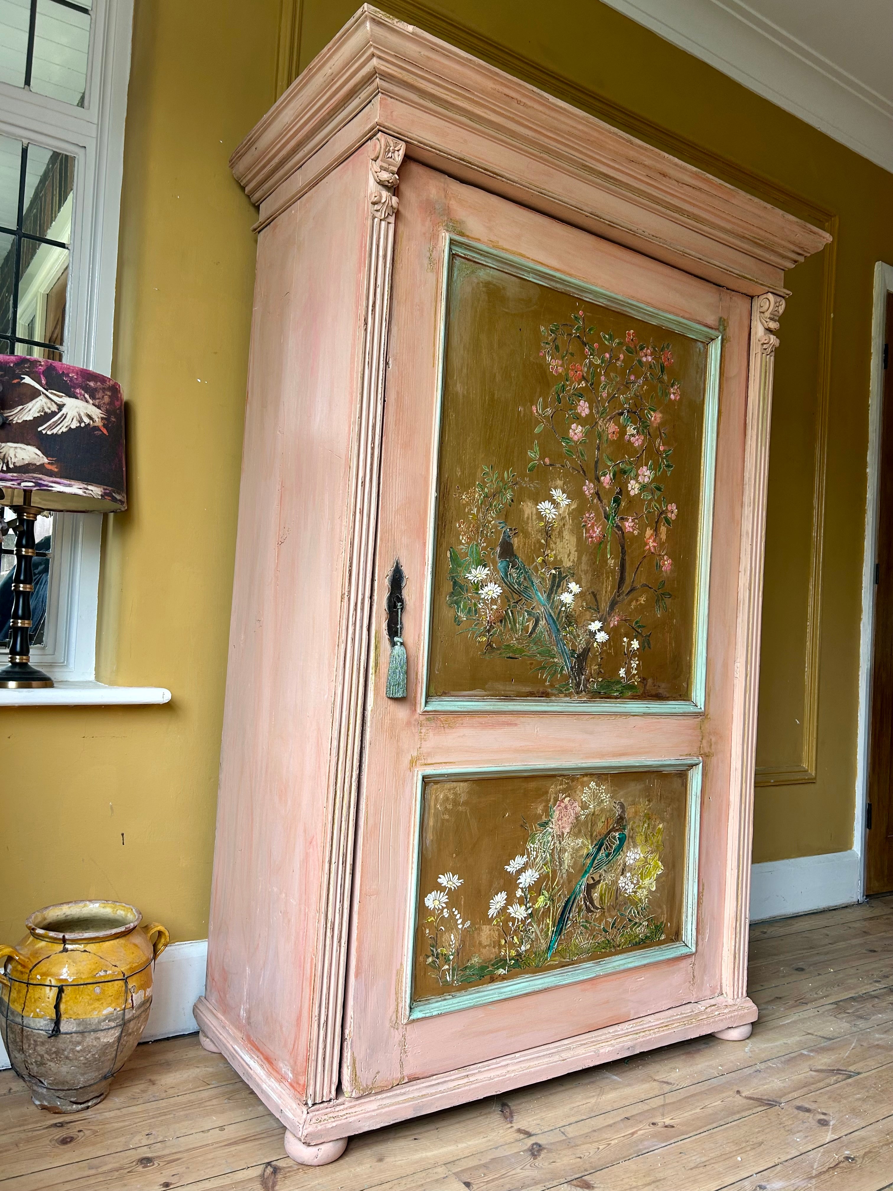 Vintage Painted Pine Armoire/Linen Press with Inlaid Chinoiserie