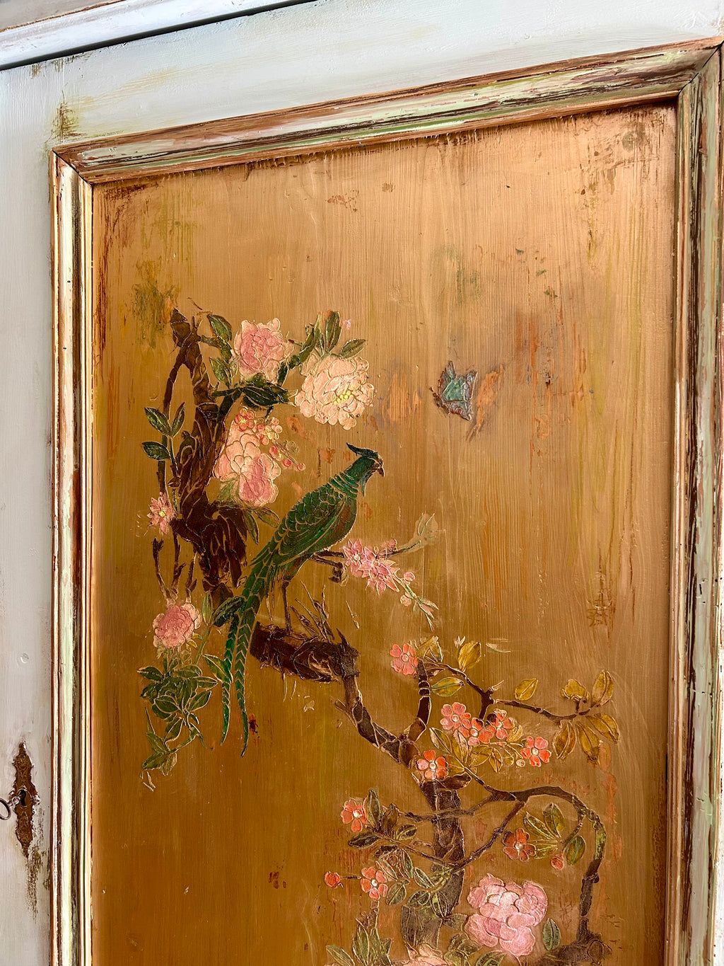 Vintage Painted Pine Armoire with Chinoiserie Panel