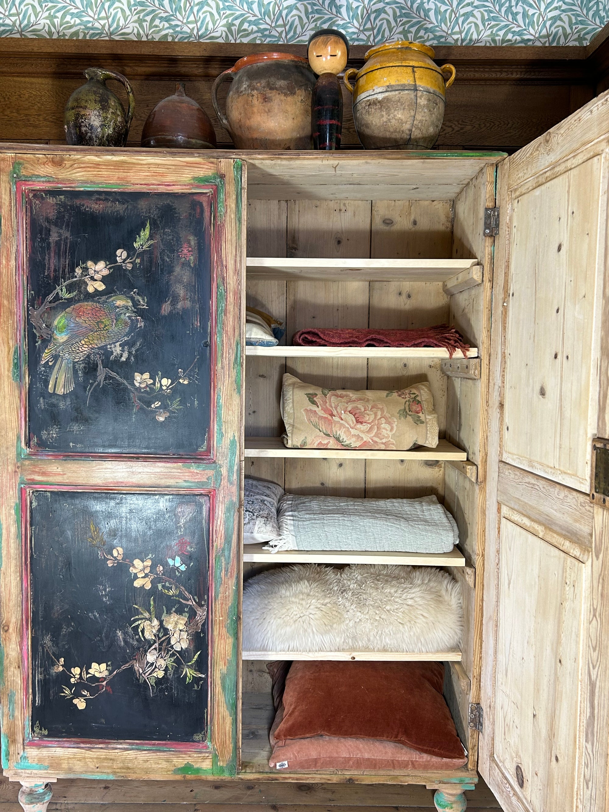 Vintage Painted Pine Linen Press with Inlaid Chinoiserie