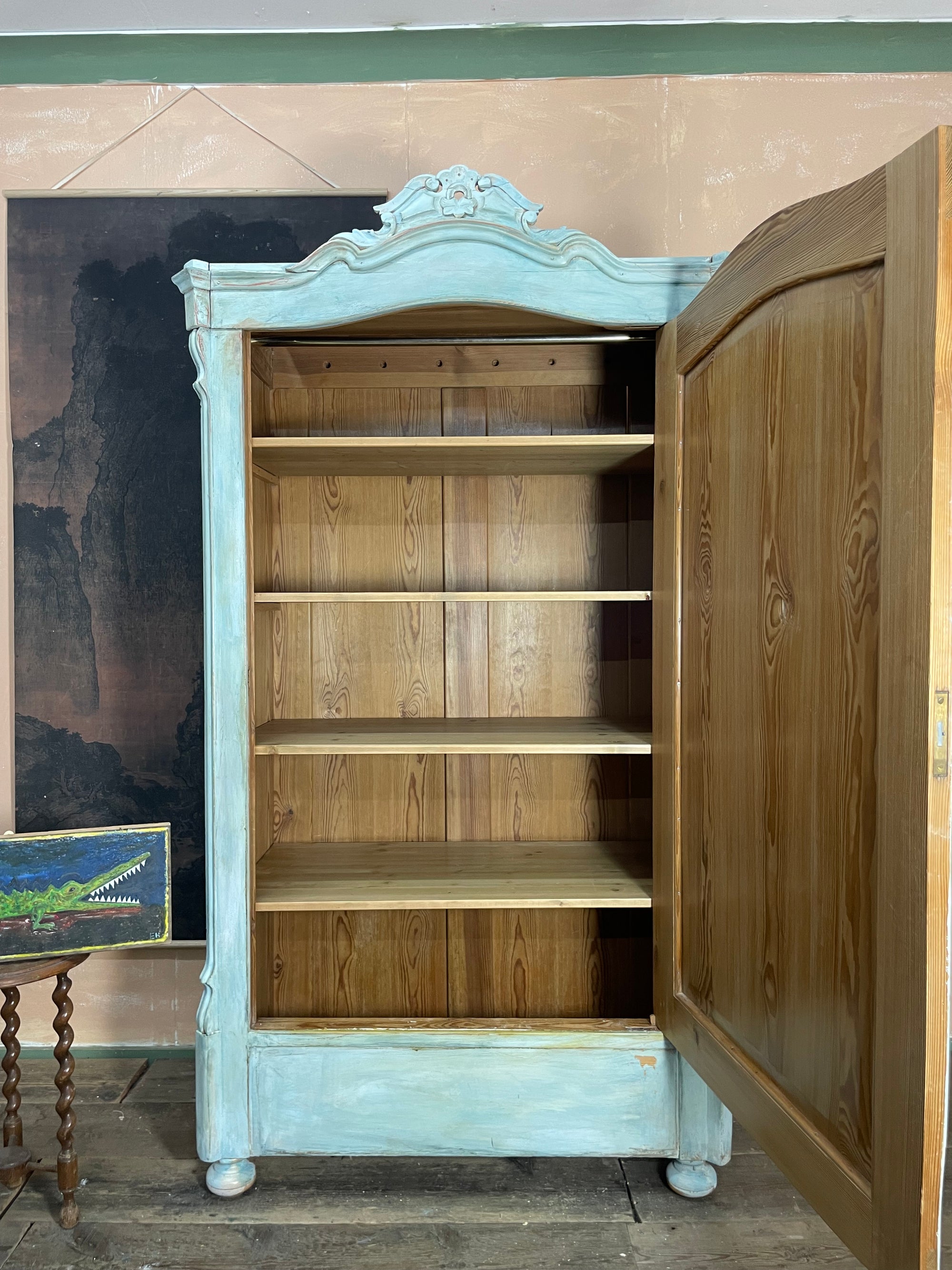 Vintage Painted Pine Wardrobe/ Linen Press with Chinoiserie Panel