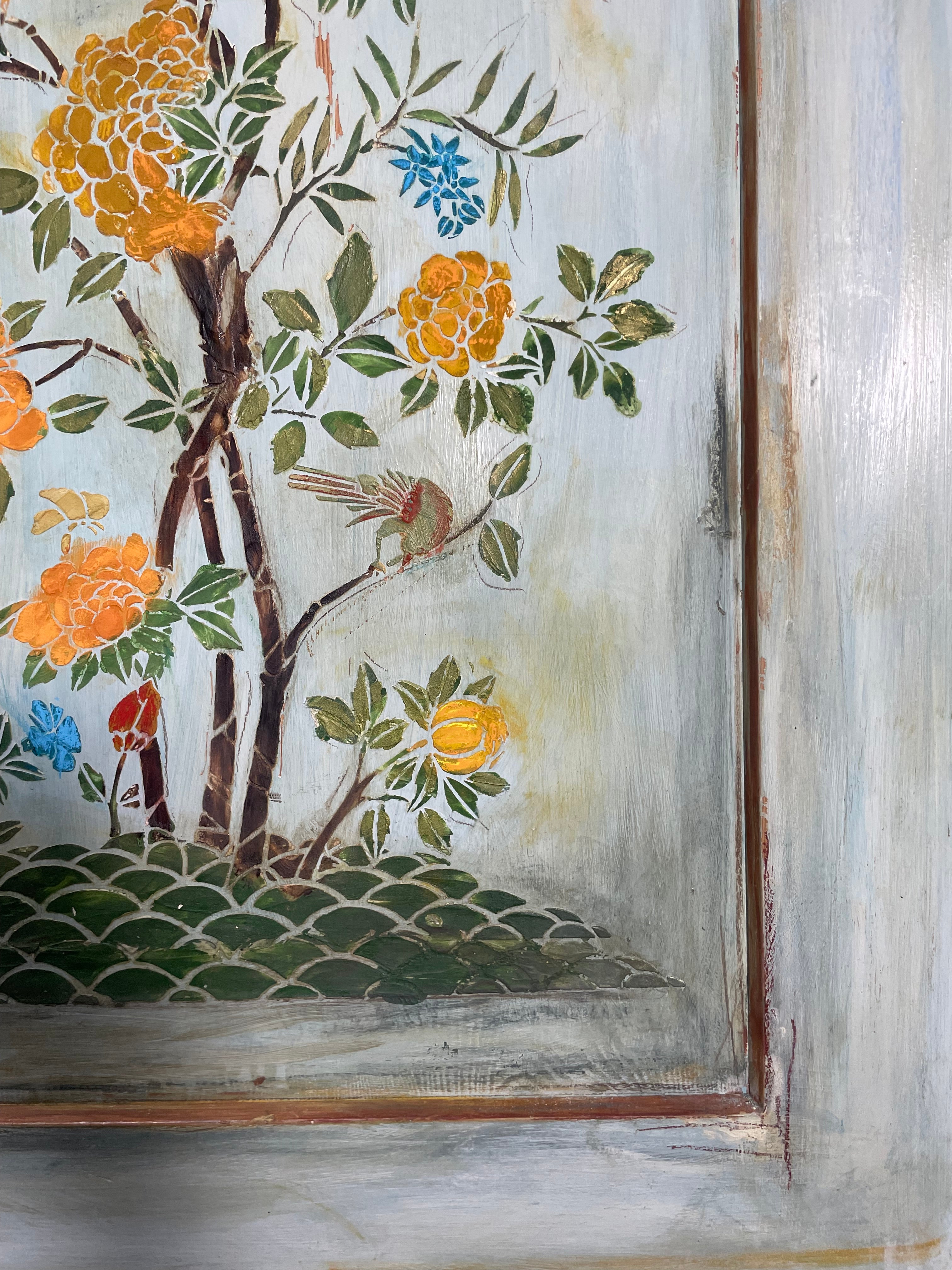 Vintage Painted Pine Wardrobe/ Linen Press with Chinoiserie Panel