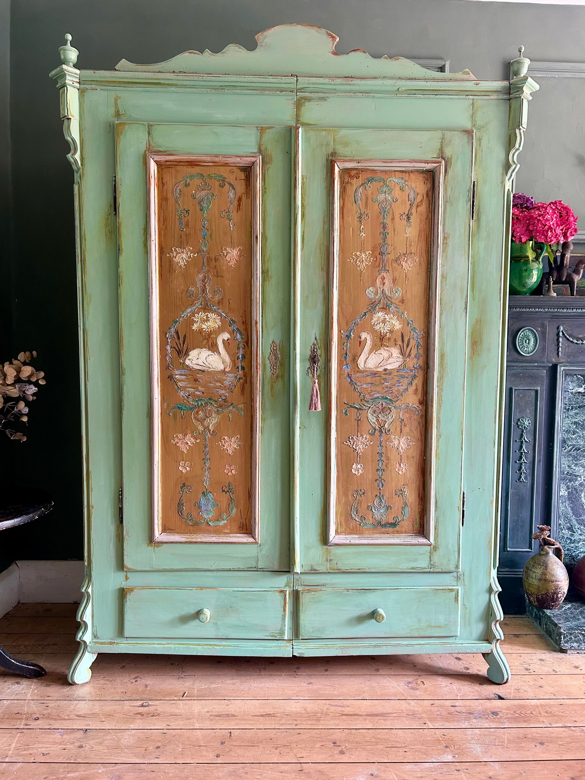 Vintage Painted Pine Wardrobe with Inlaid Swan Chinoiserie