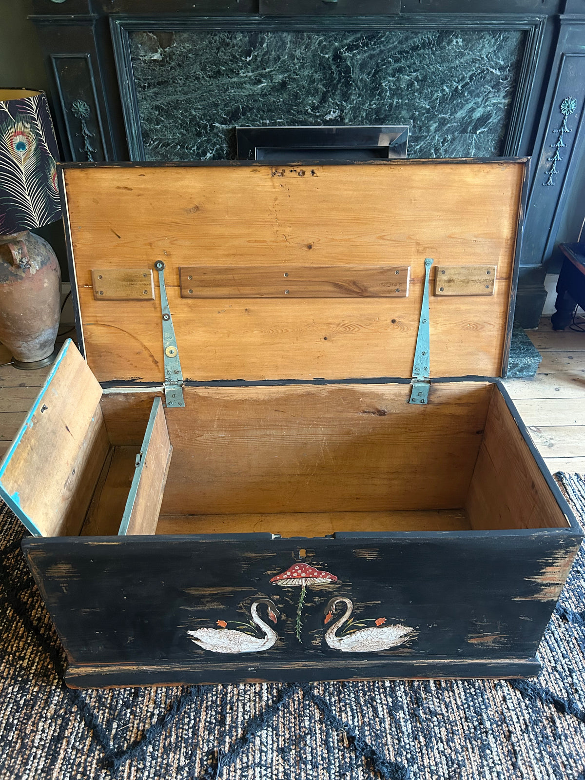 Vintage Painted Blanket Box with Folk Art Swans