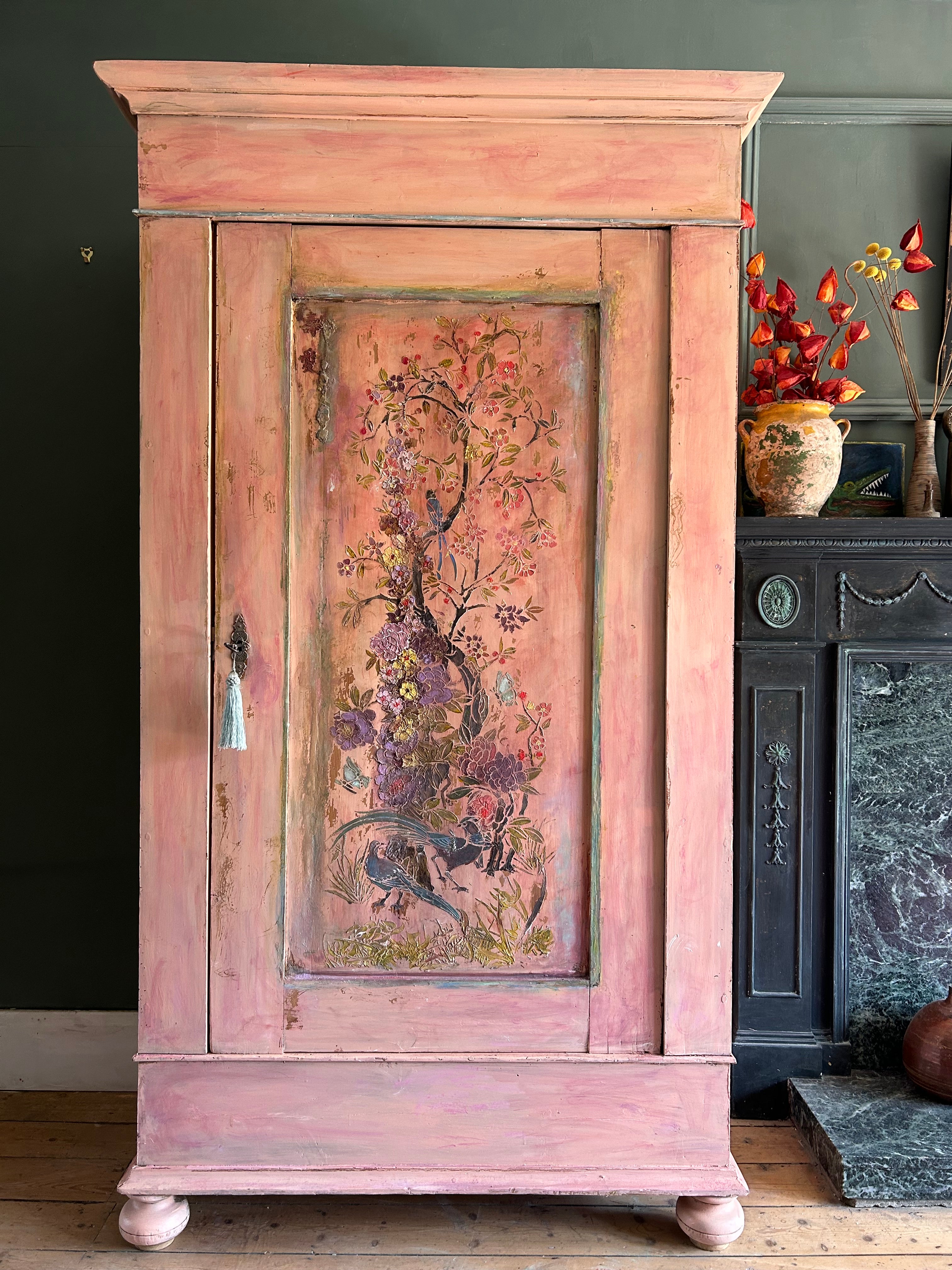 Vintage Painted Cupboard/Armoire with Chinoiserie Panel