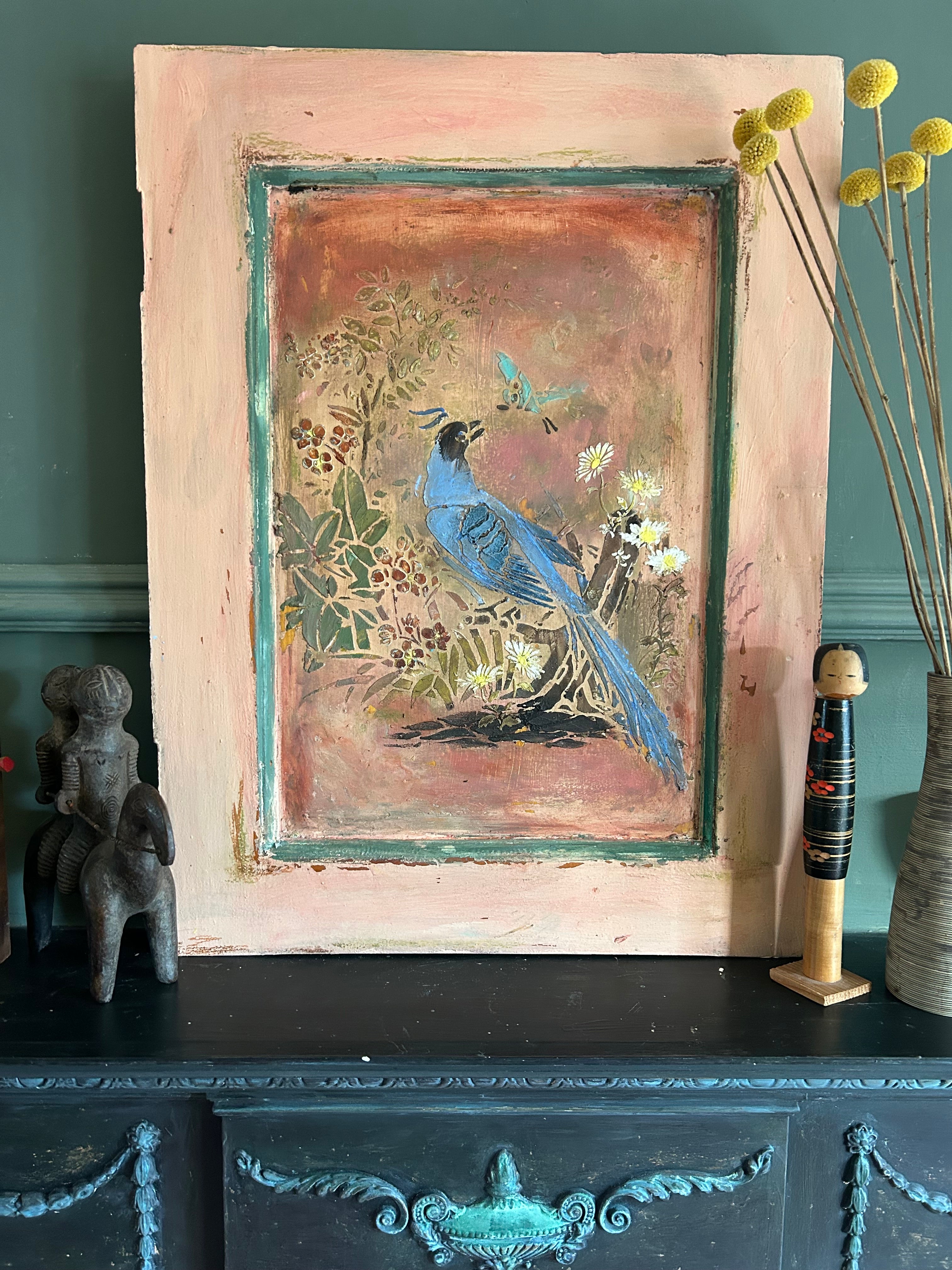 Reclaimed Door Wallhanging with Bird Chinoiserie