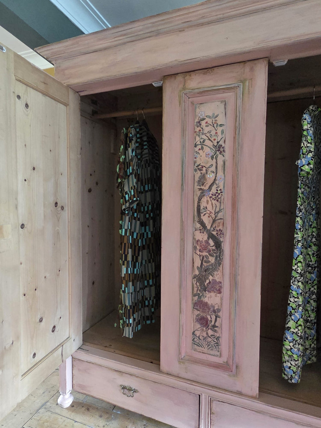 Painted Pine Triple wardrobe with Chinoiserie Panels