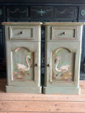 Vintage Painted Bedside Cupboards with folk Art Swans