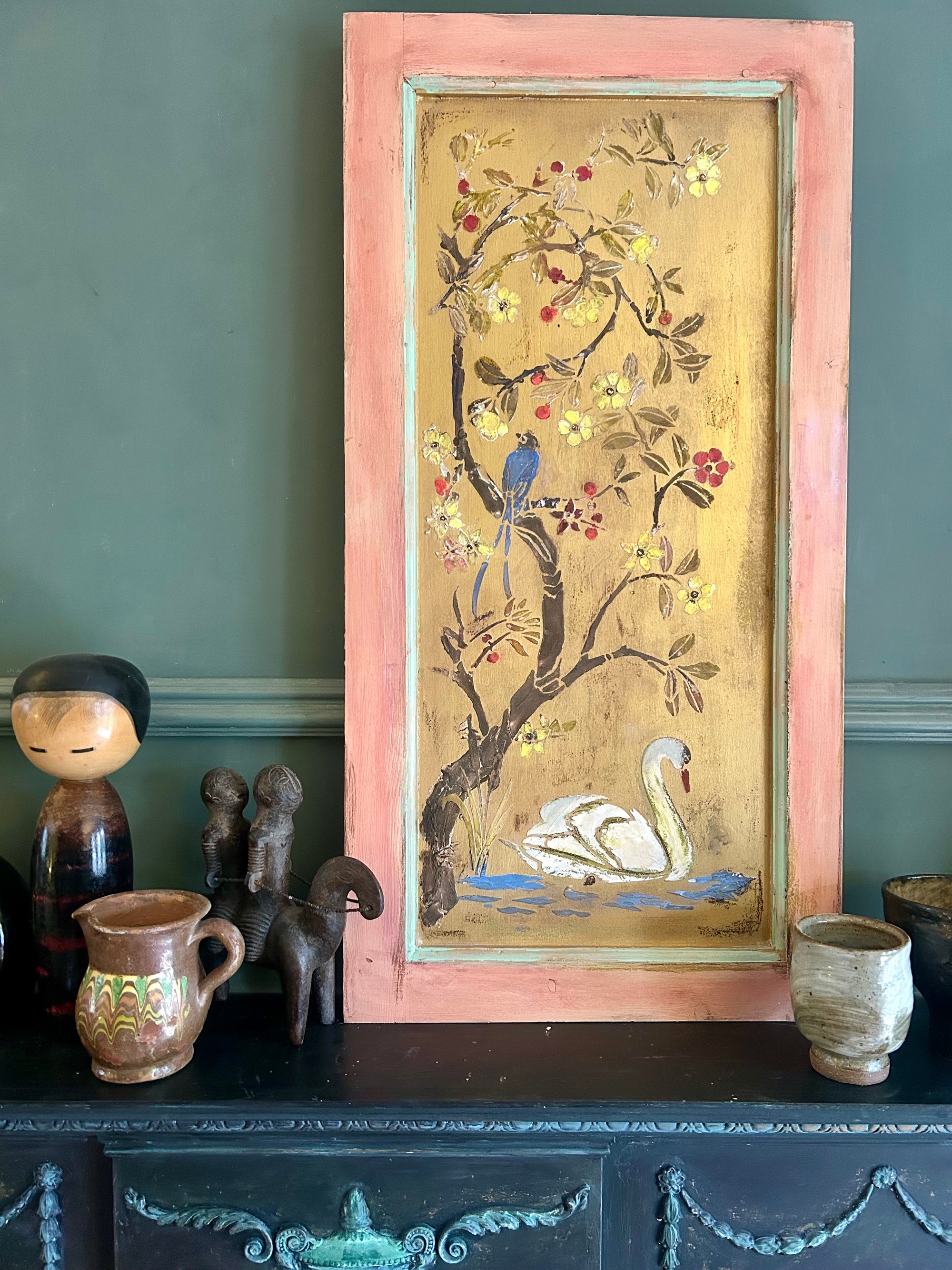 Reclaimed Door Wallhanging with Swan Chinoiserie