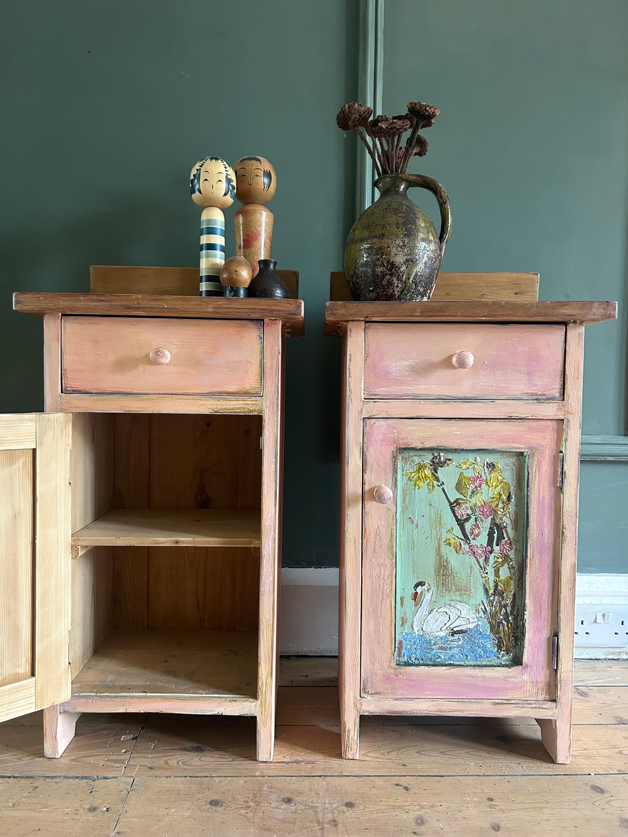 Vintage Painted Pine Bedside Cabinets with Inlaid Chinoiserie