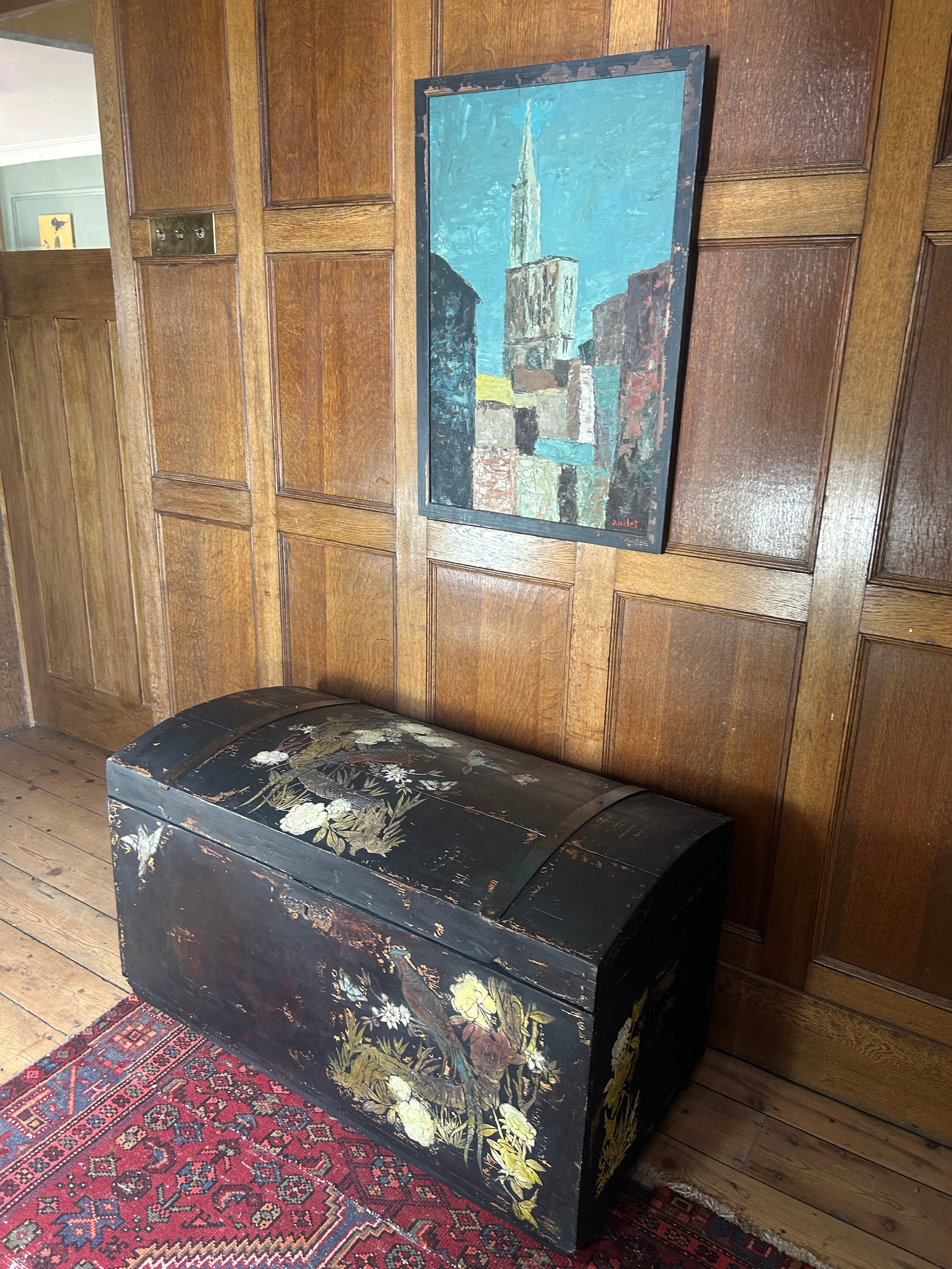 Vintage Painted Pine Blanket Box with Inlaid Chinoiserie