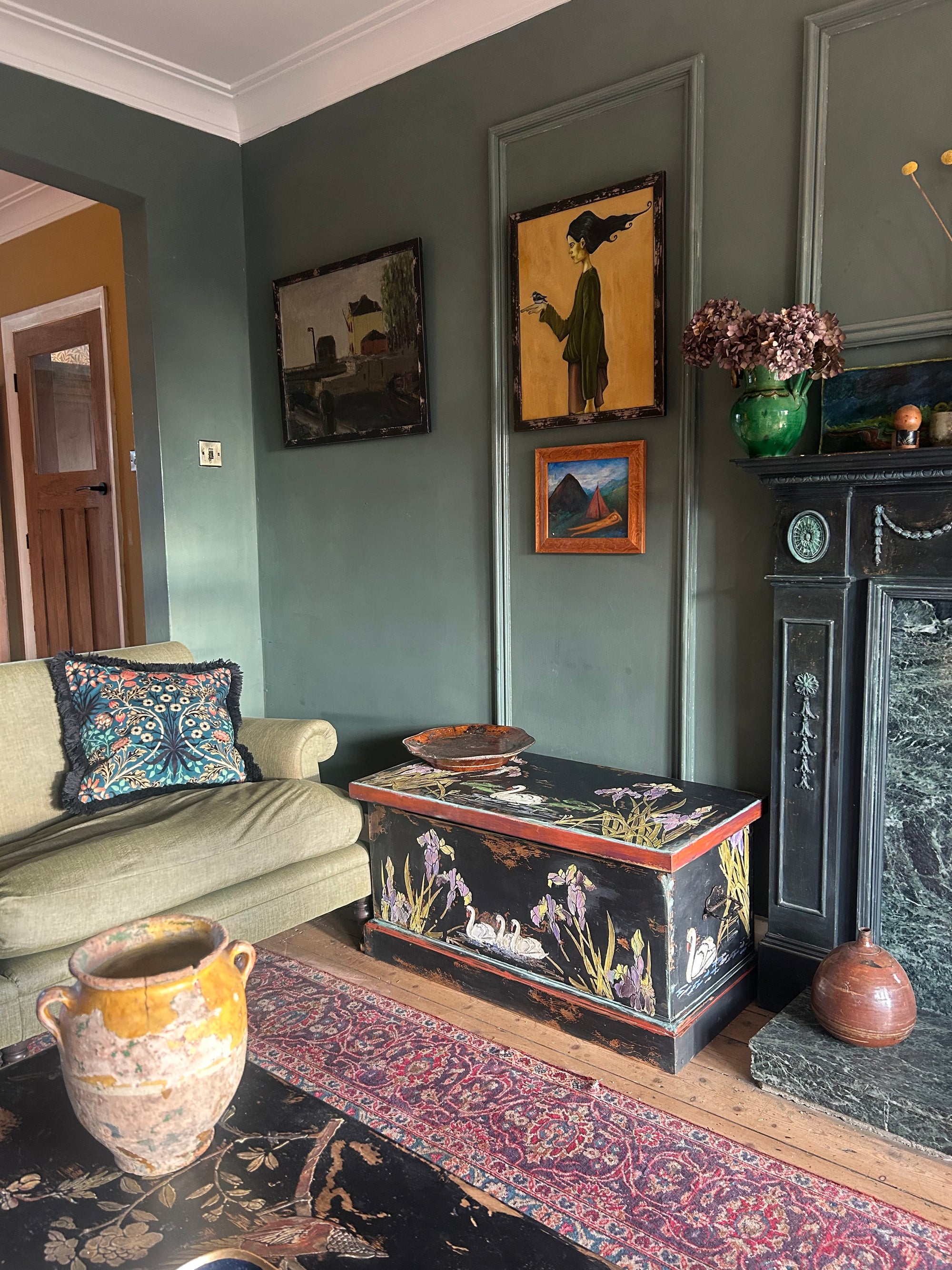 Vintage Painted Blanket Box with Swan Chinoiserie