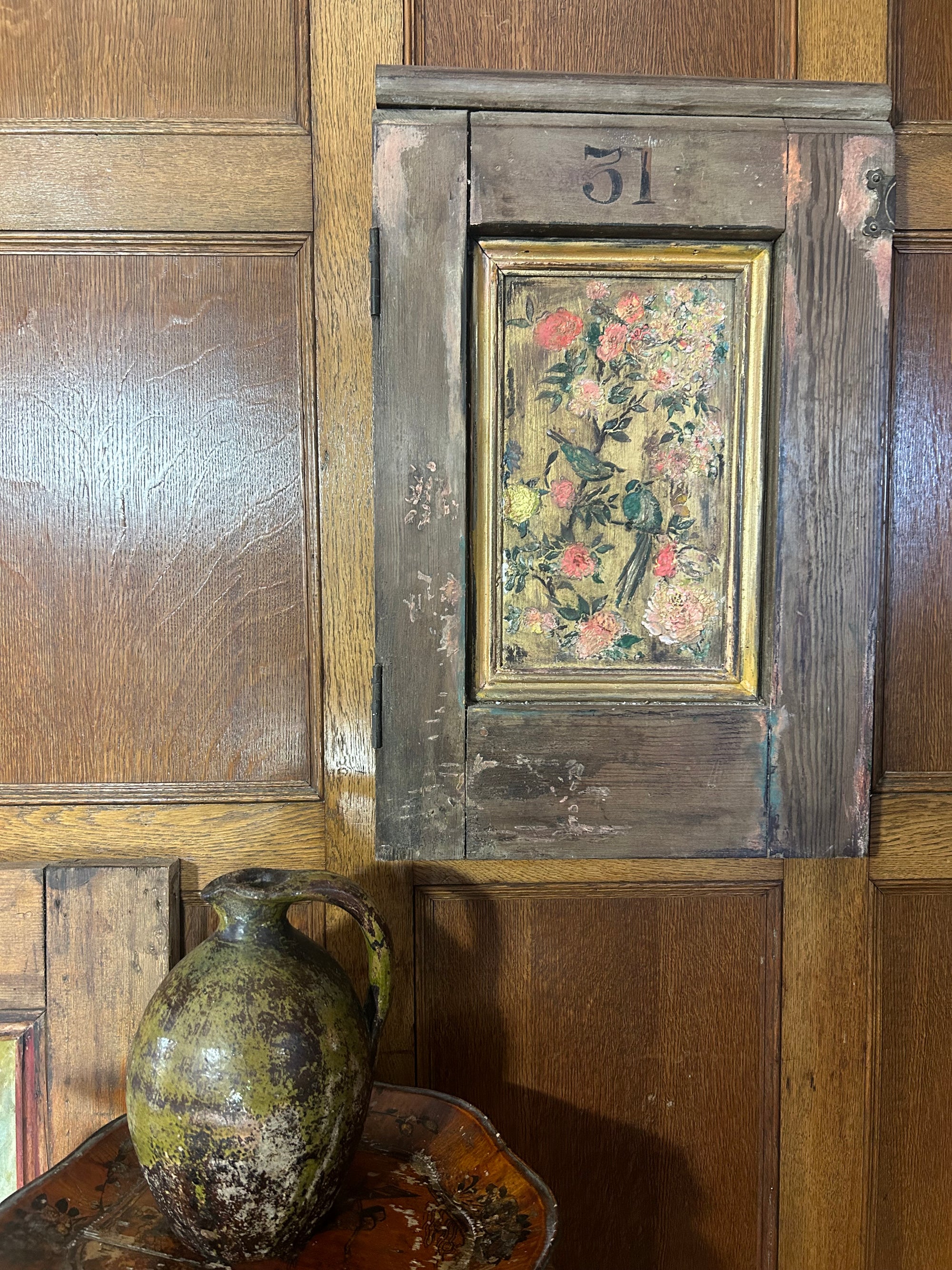 Reclaimed Church Pew Door Wallhanging with Inlaid Chinoiserie