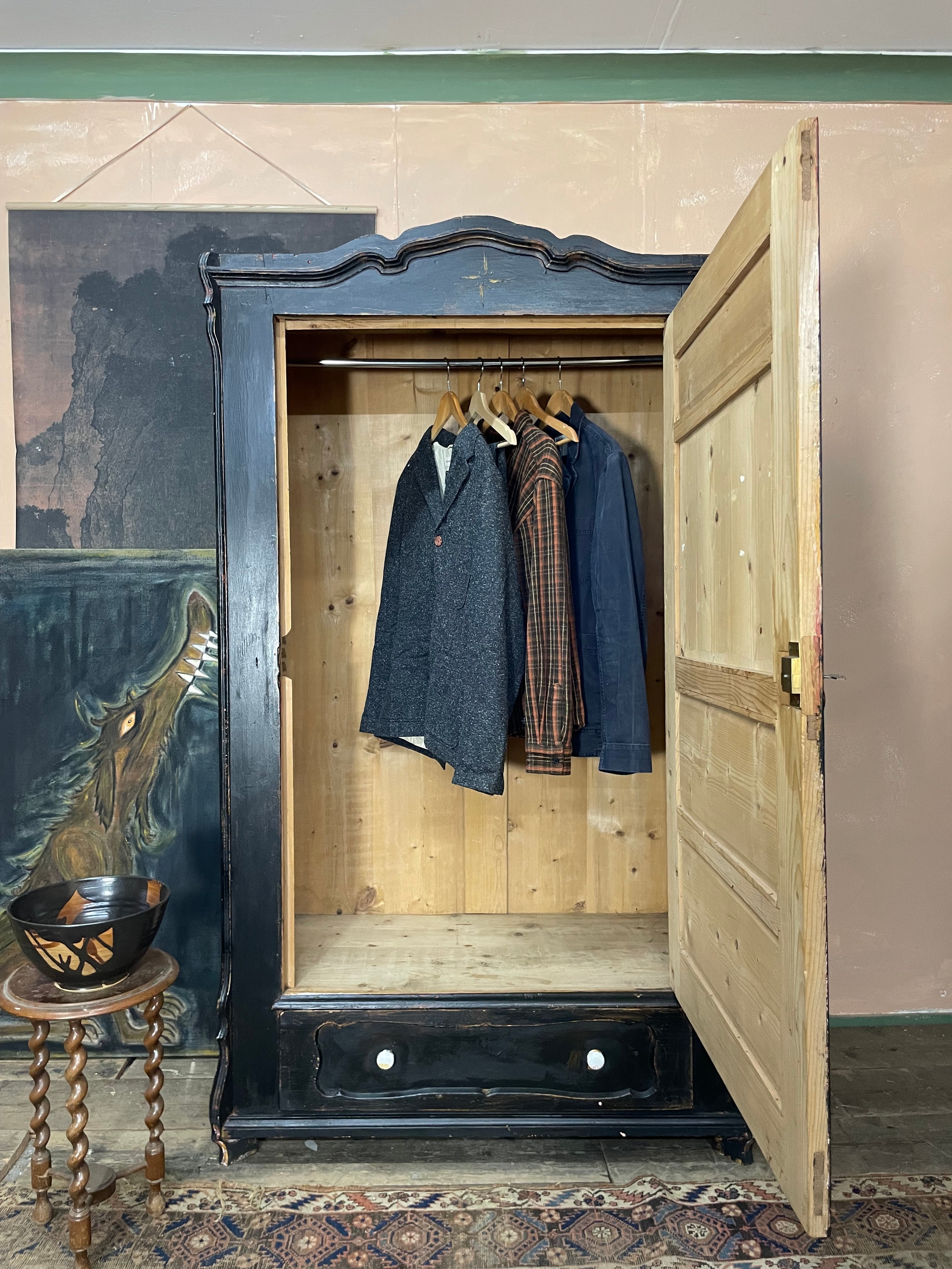 Vintage Painted Pine Folk Art Celestial Wardrobe