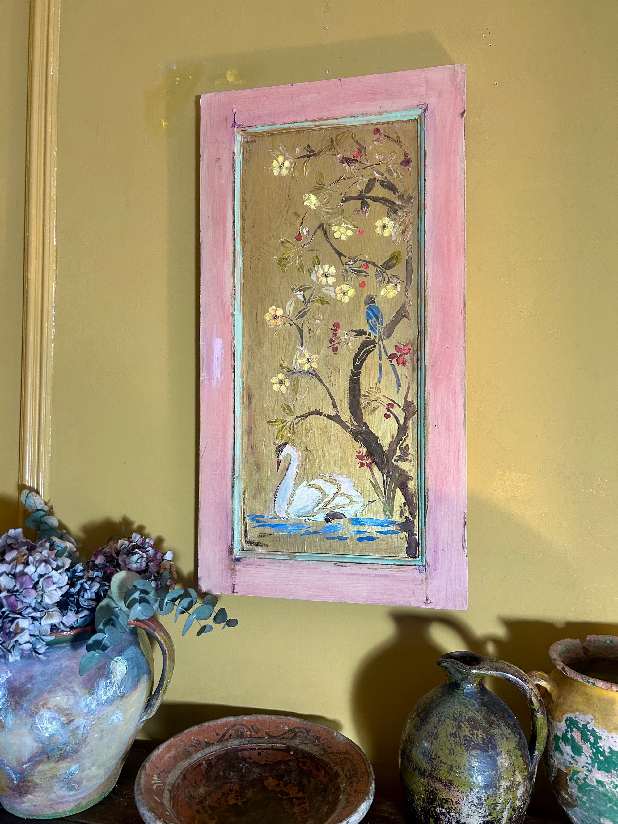 Reclaimed Door Wallhanging with Swan and Bird Chinoiserie