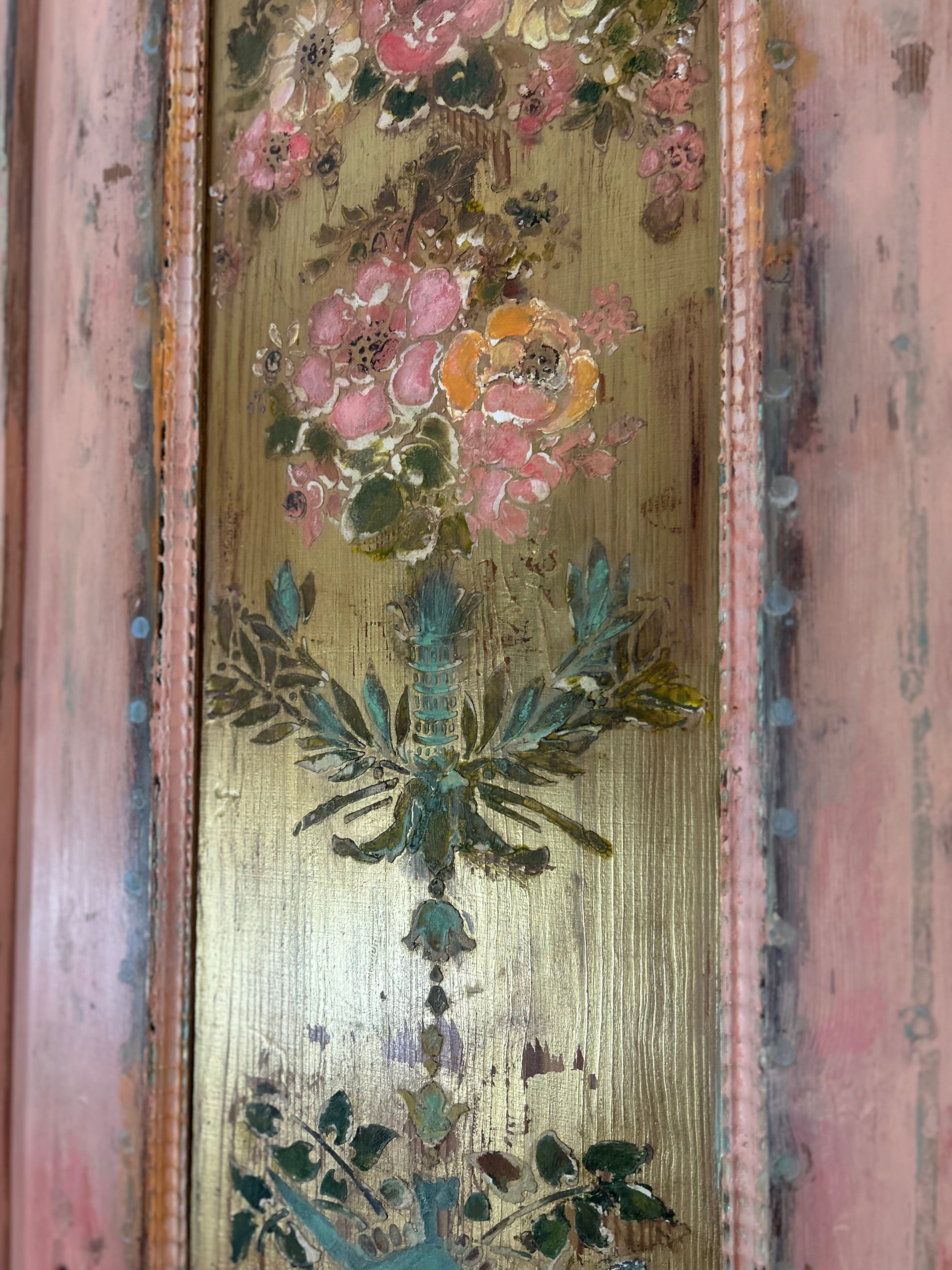 Vintage Painted Pine Triple Wardrobe with Inlaid Chinoiserie
