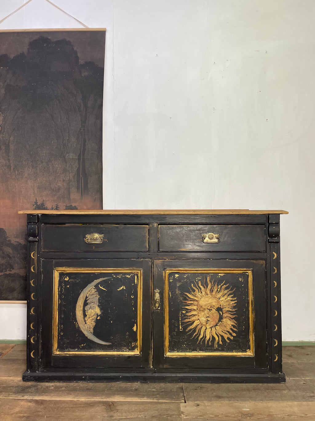Vintage Painted Pine Sun & Moon Cupboard