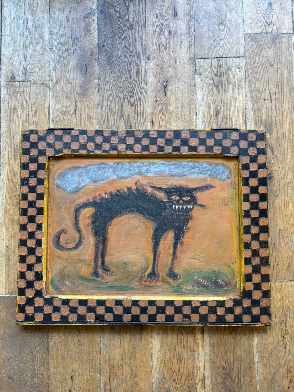 Reclaimed Door Wallhanging with Cat and checkerboard Frame