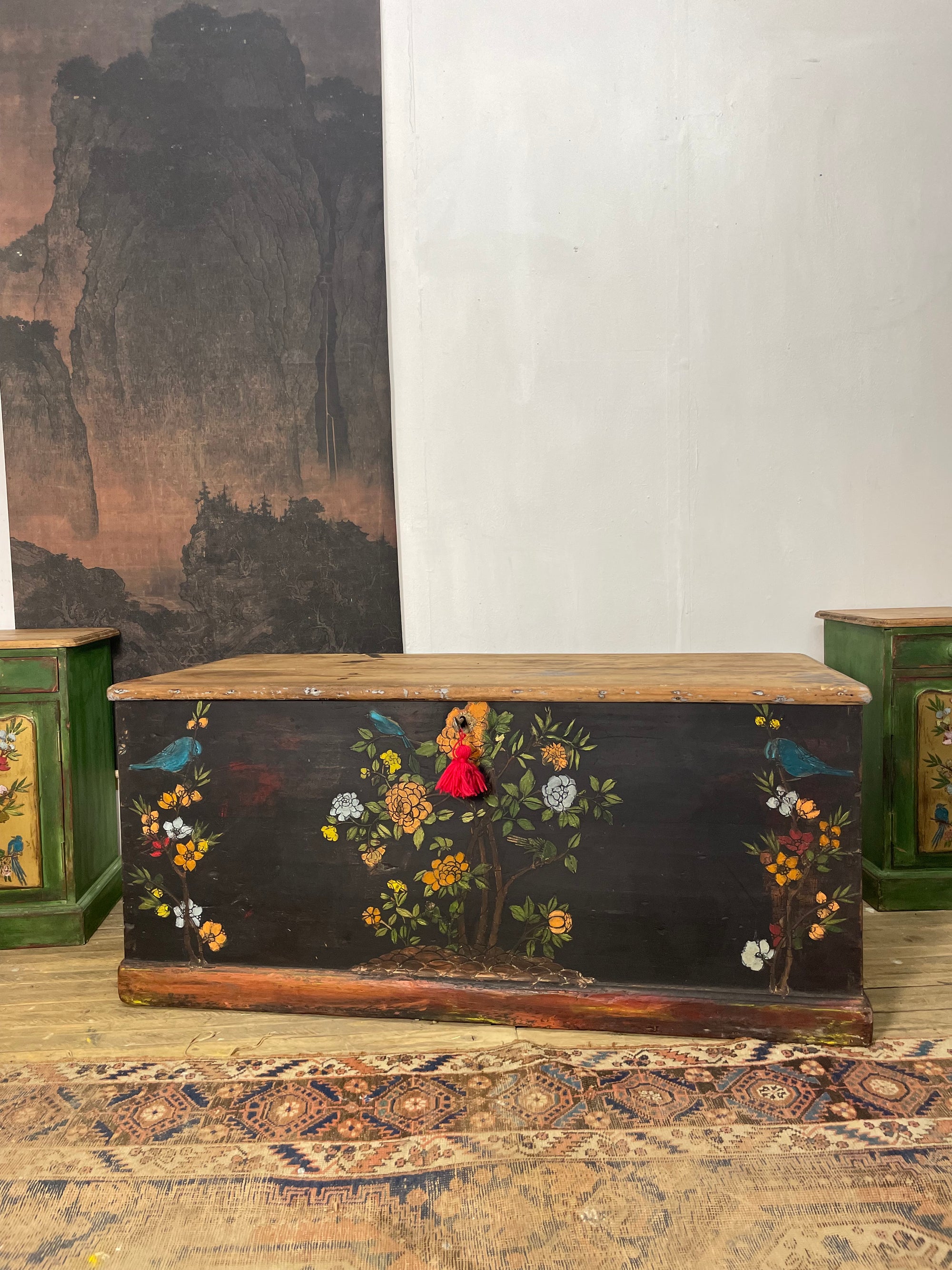 Vintage Painted Pine Blanket Box with Bird Chinoiserie