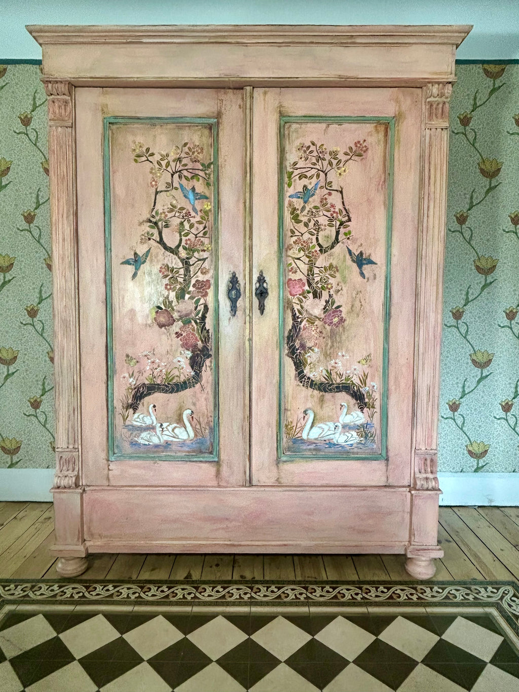Vintage Painted French Wardrobe with Chinoiserie Panels