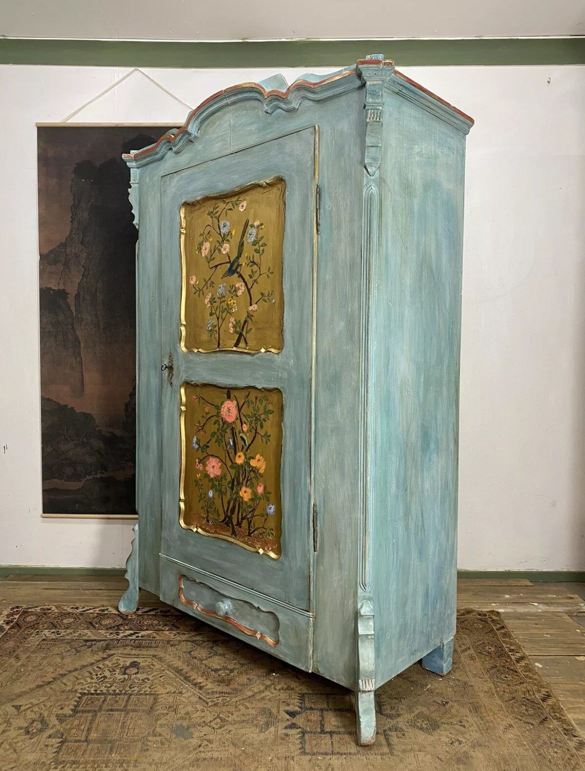 Vintage Painted Pine Wardrobe with Inlaid Bird Chinoiserie