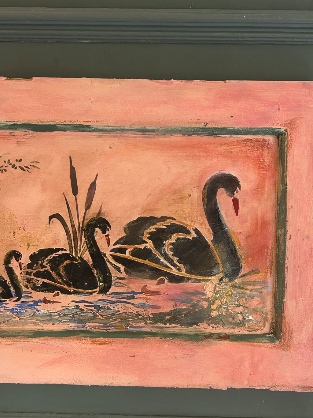 Reclaimed Door Wallhanging with Black Swan Chinoiserie