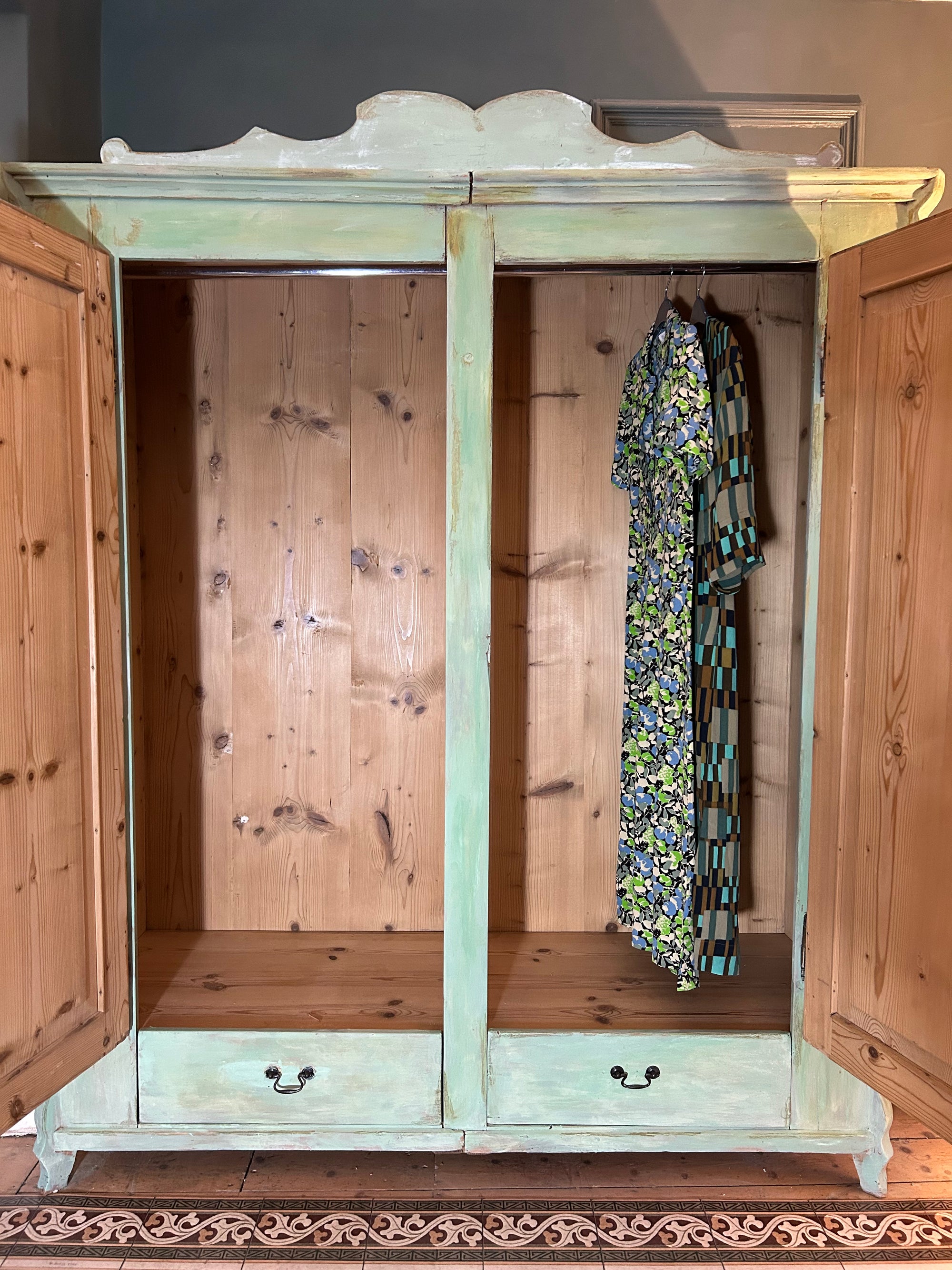 Vintage Painted Pine Wardrobe with Chinoiserie Panels