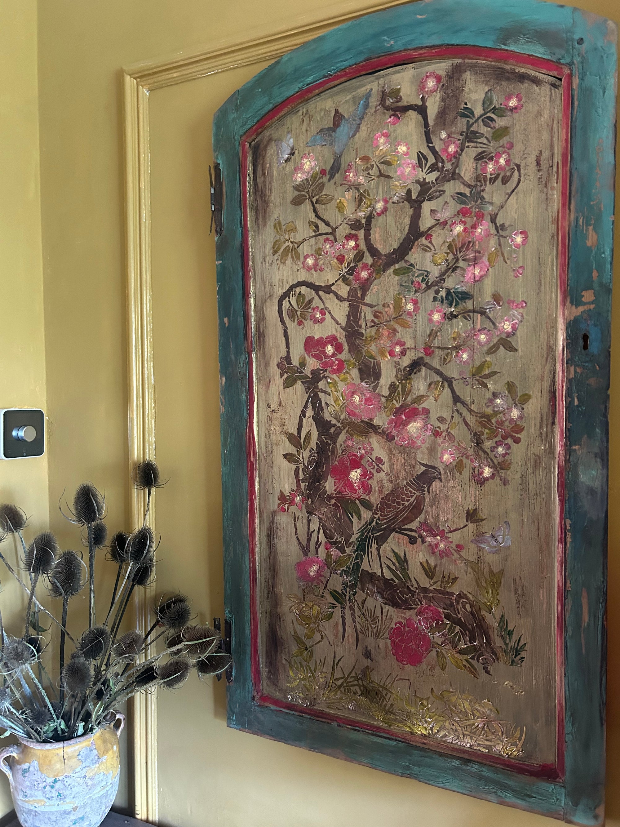 Vintage Reclaimed Door Wall Hanging with Inlaid Chinoiserie