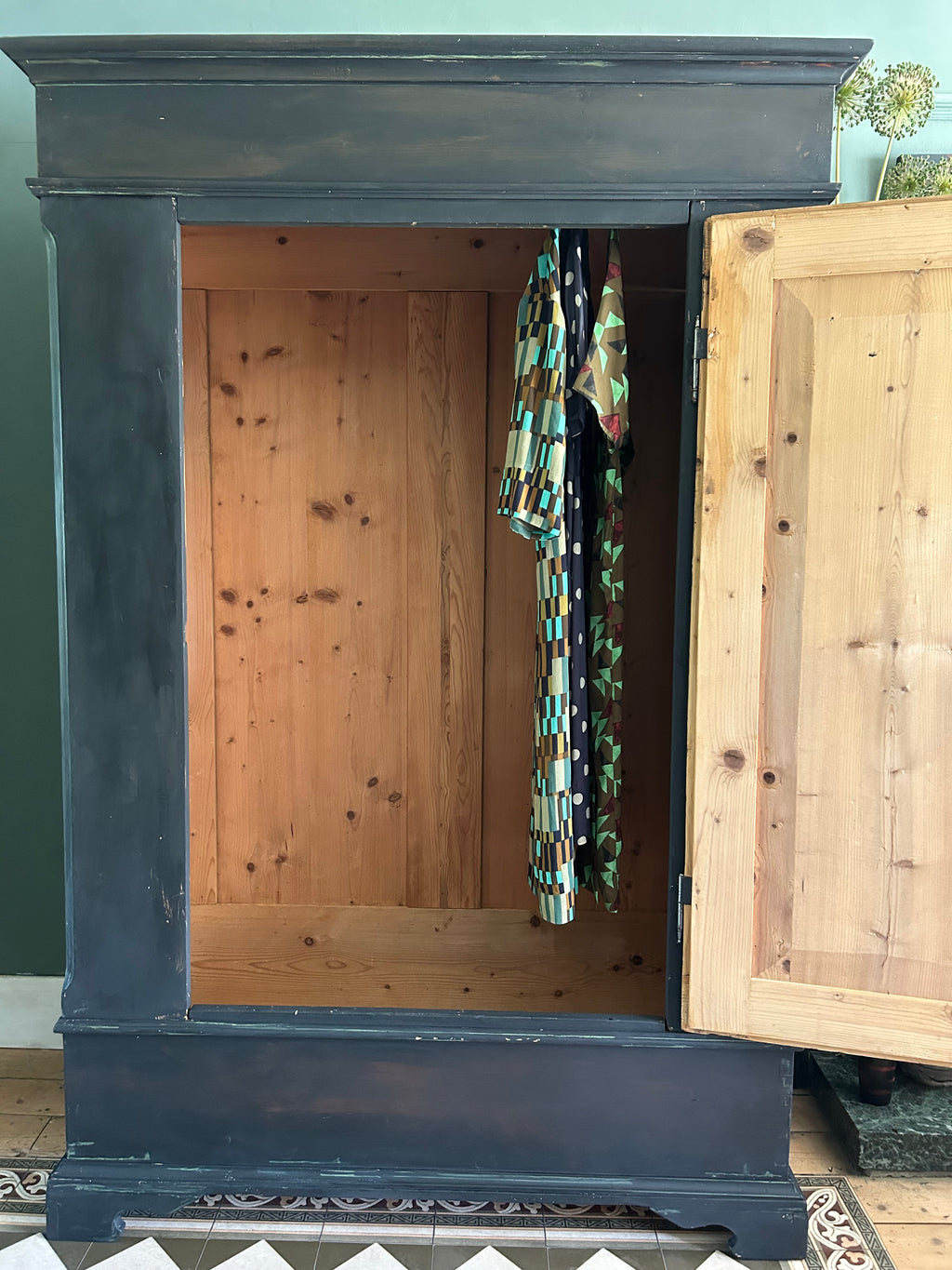 Vintage Painted Pine Armoire with Chinoiserie Panels