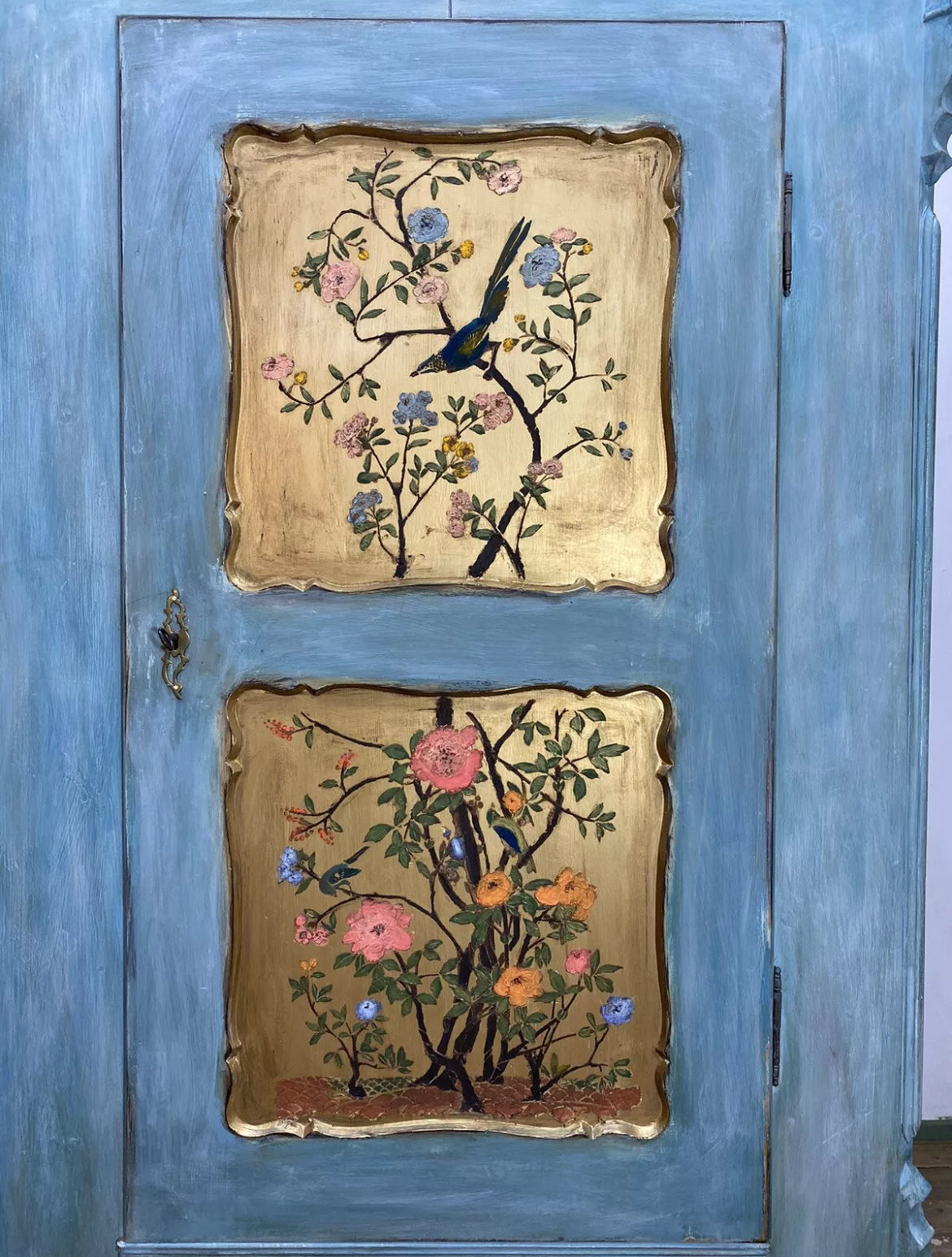 Vintage Painted Pine Wardrobe with Inlaid Bird Chinoiserie