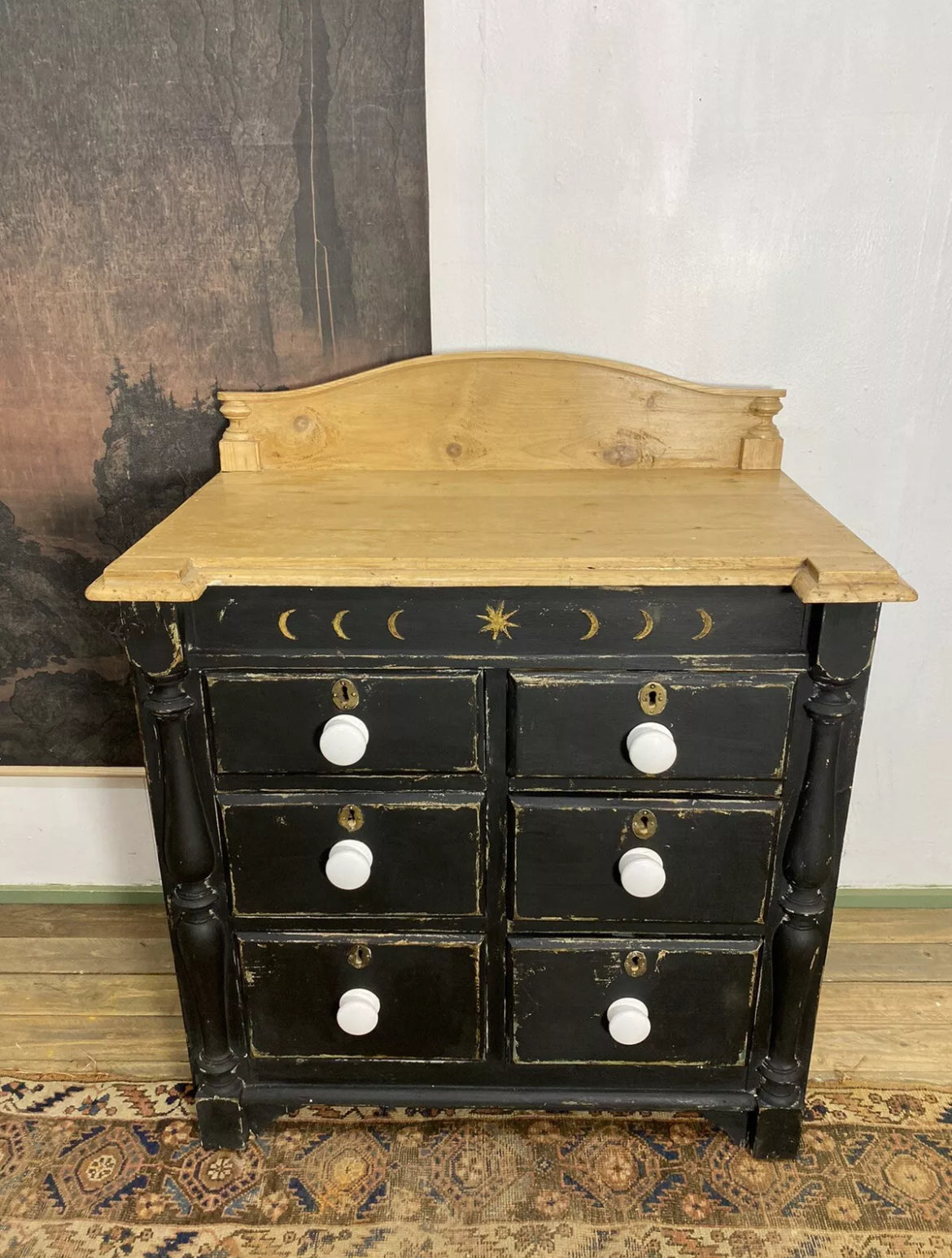 Vintage Painted Pine Moons Chest of Drawers