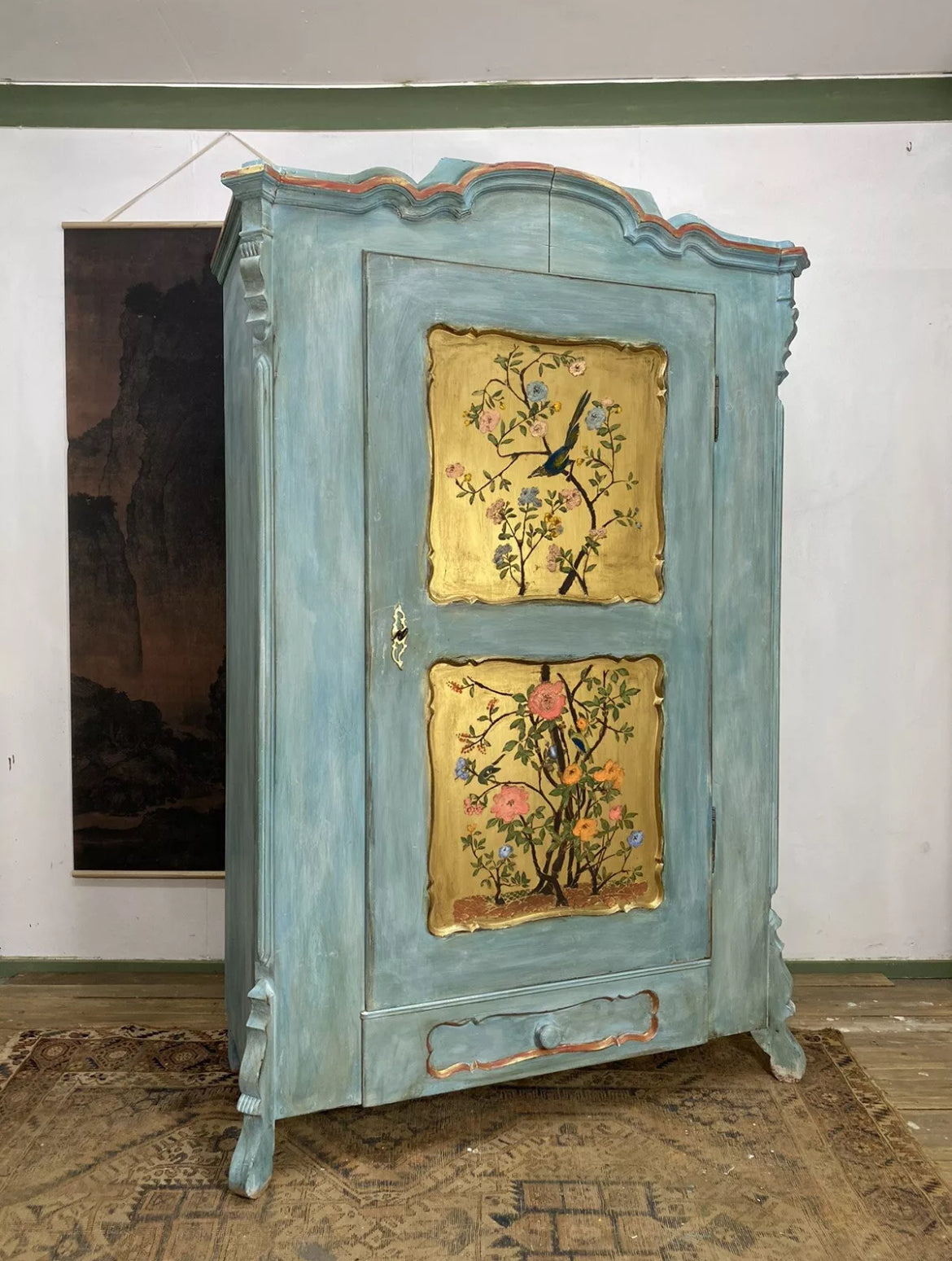 Vintage Painted Pine Wardrobe with Inlaid Bird Chinoiserie