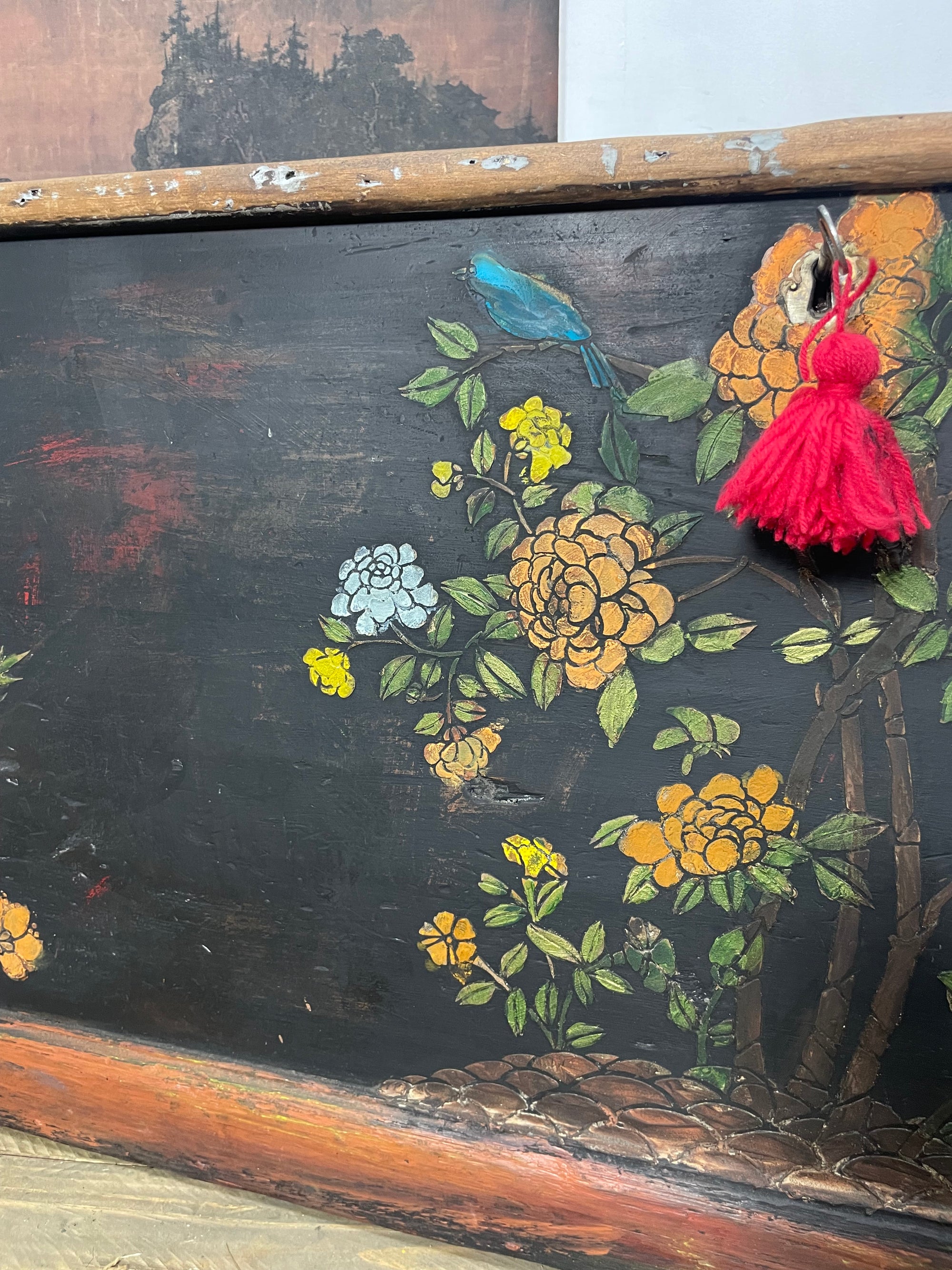 Vintage Painted Pine Blanket Box with Bird Chinoiserie