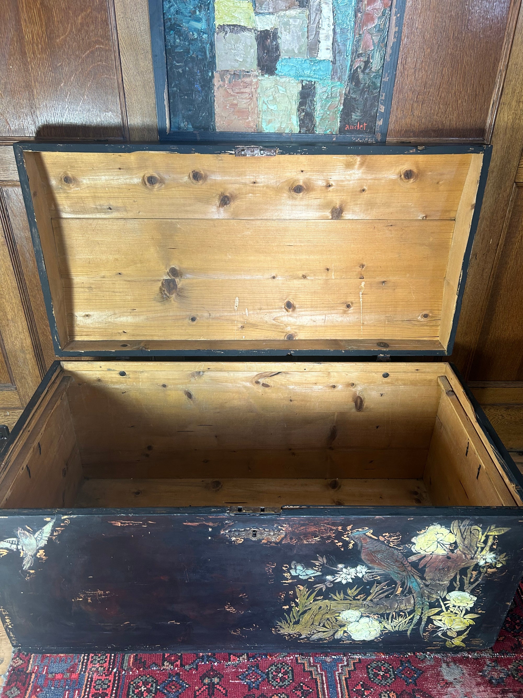 Vintage Painted Pine Blanket Box with Inlaid Chinoiserie