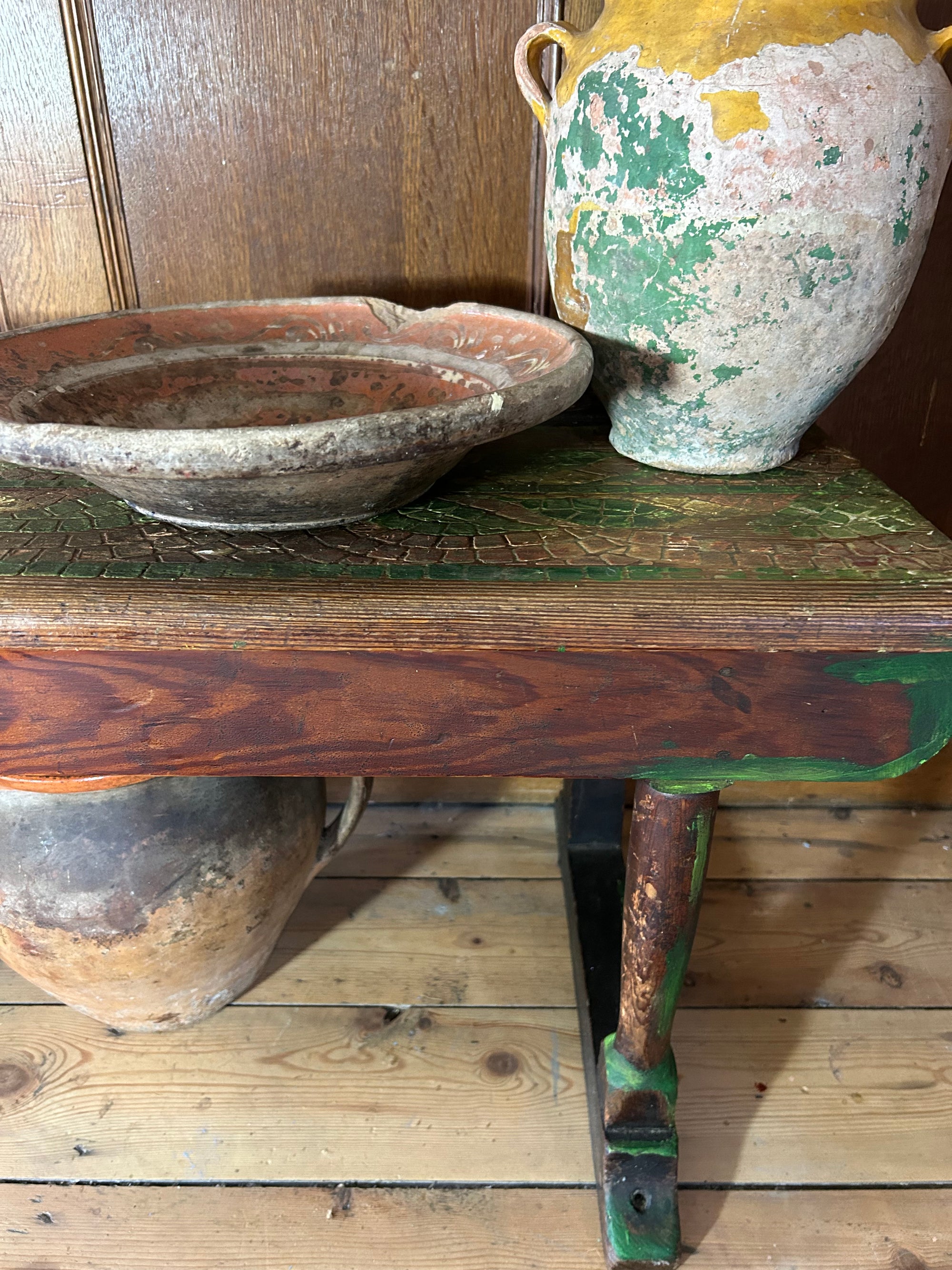 Vintage Painted Oak Bench with Inlaid Design