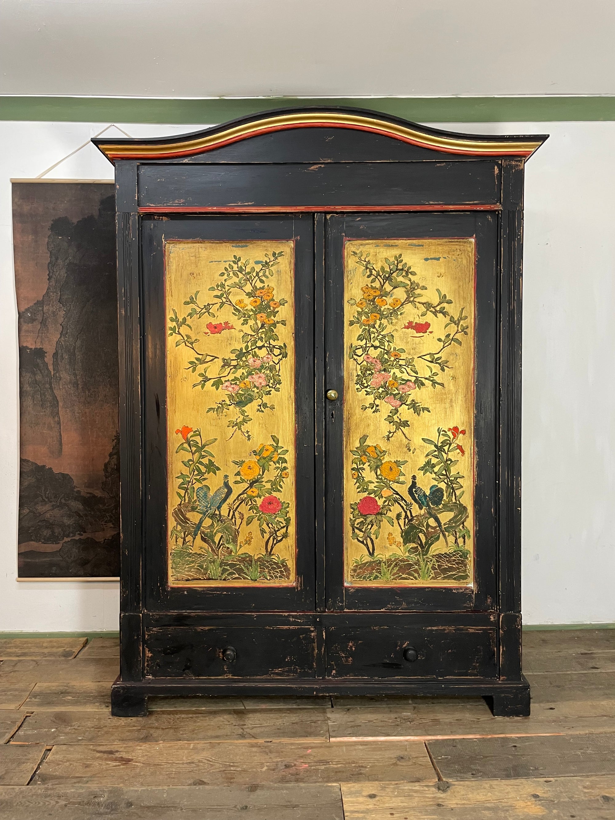 Vintage Knockdown Double Painted Wardrobe with Chinoiserie Panels