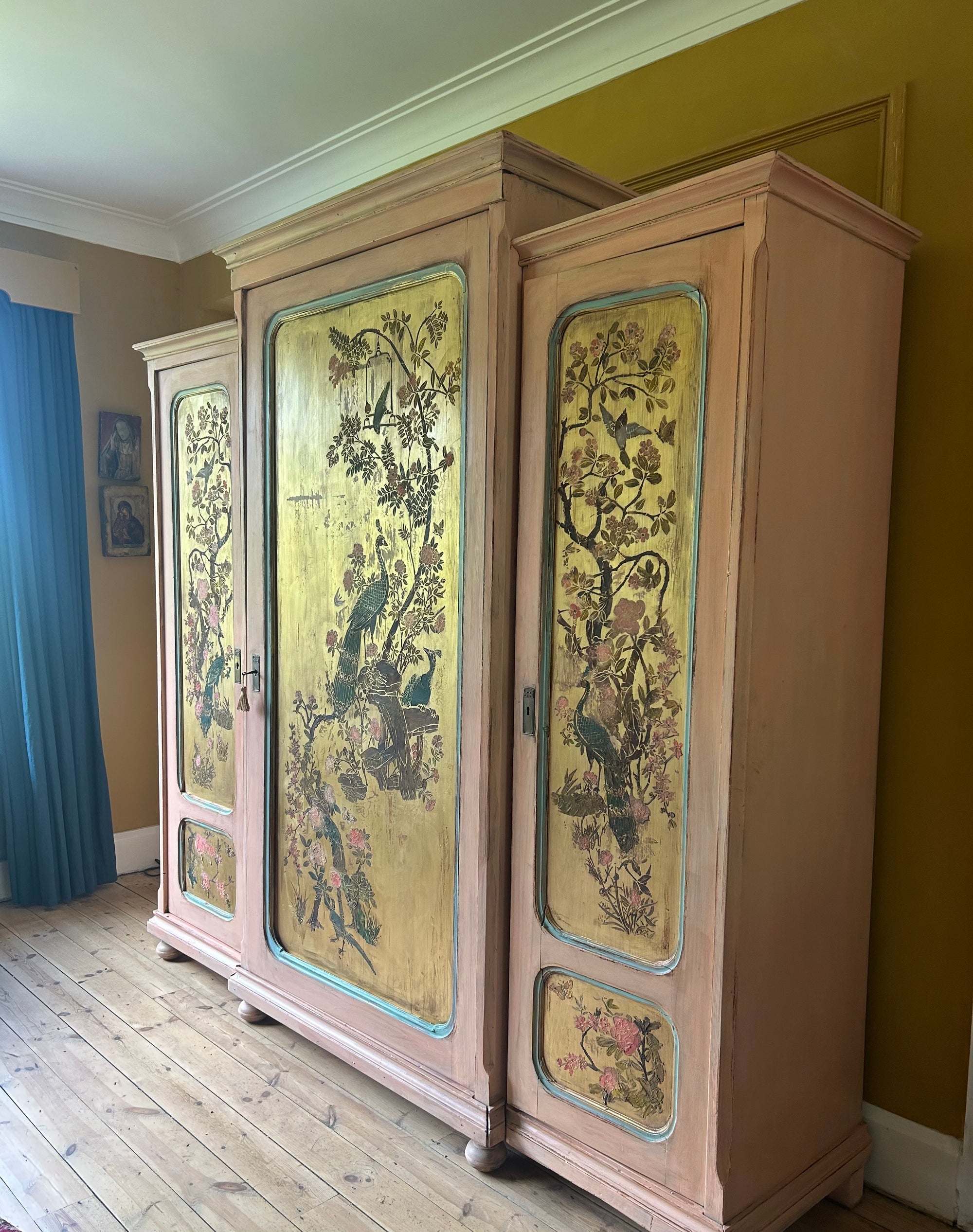 Vintage Painted Pine Triple Wardrobe