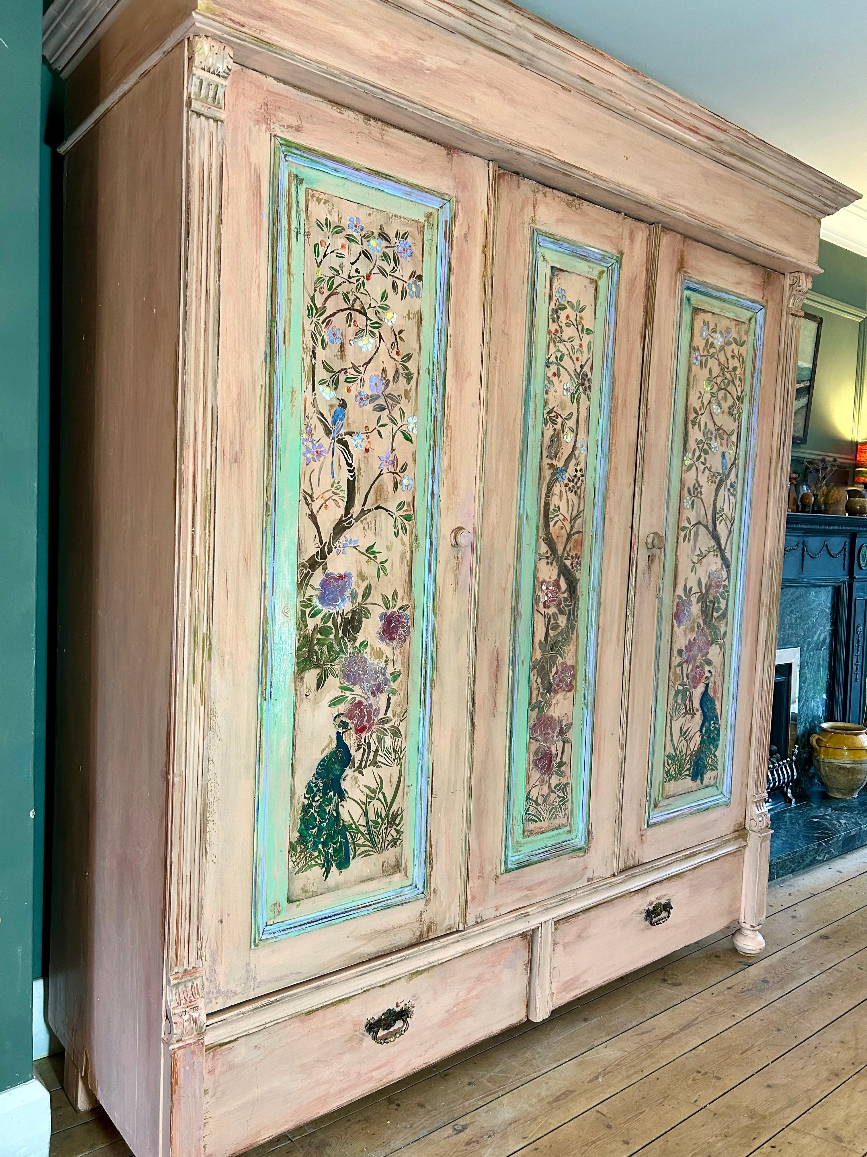 Vintage Painted Pine Large Wardrobe with Chinoiserie Panels