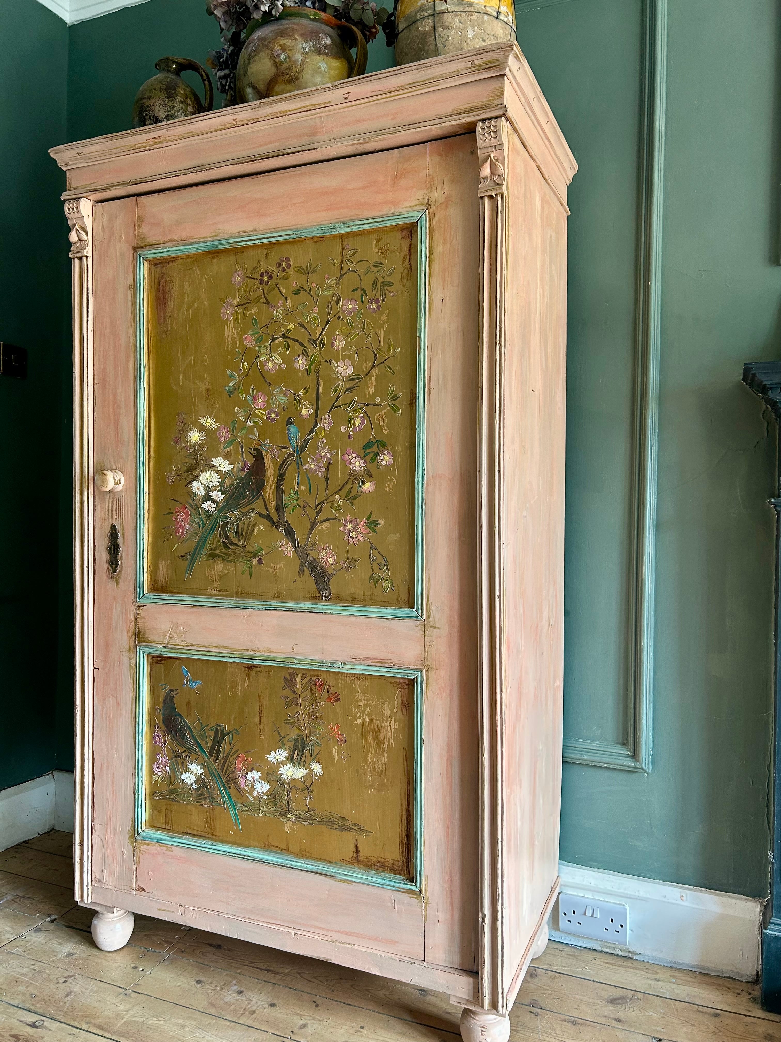 Vintage Painted Pine Cupboard with Inlaid Chinoiserie