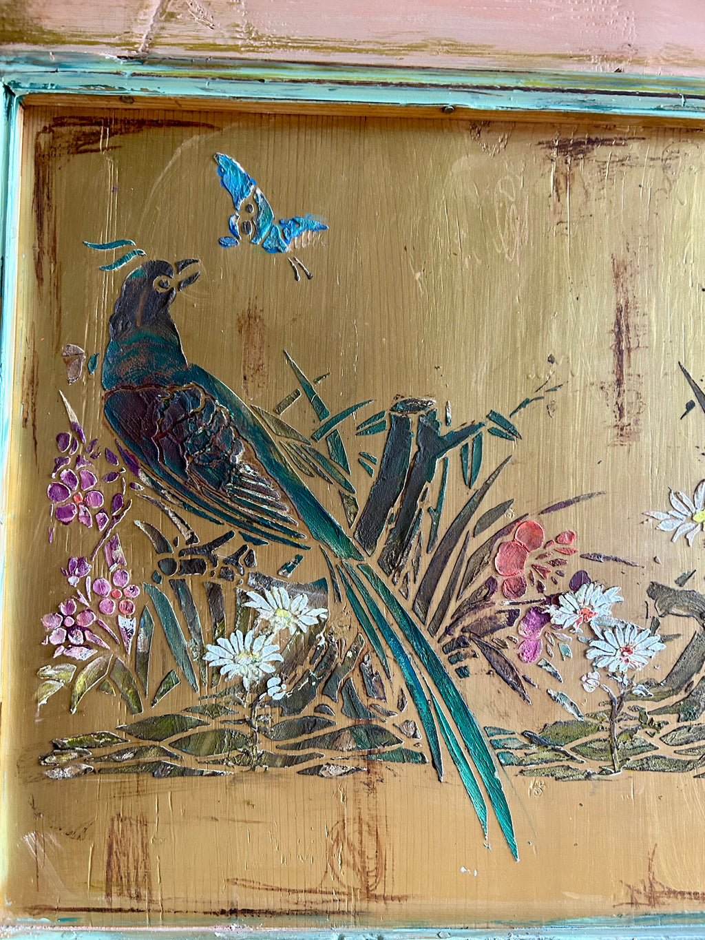 Vintage Painted Pine Cupboard with Inlaid Chinoiserie